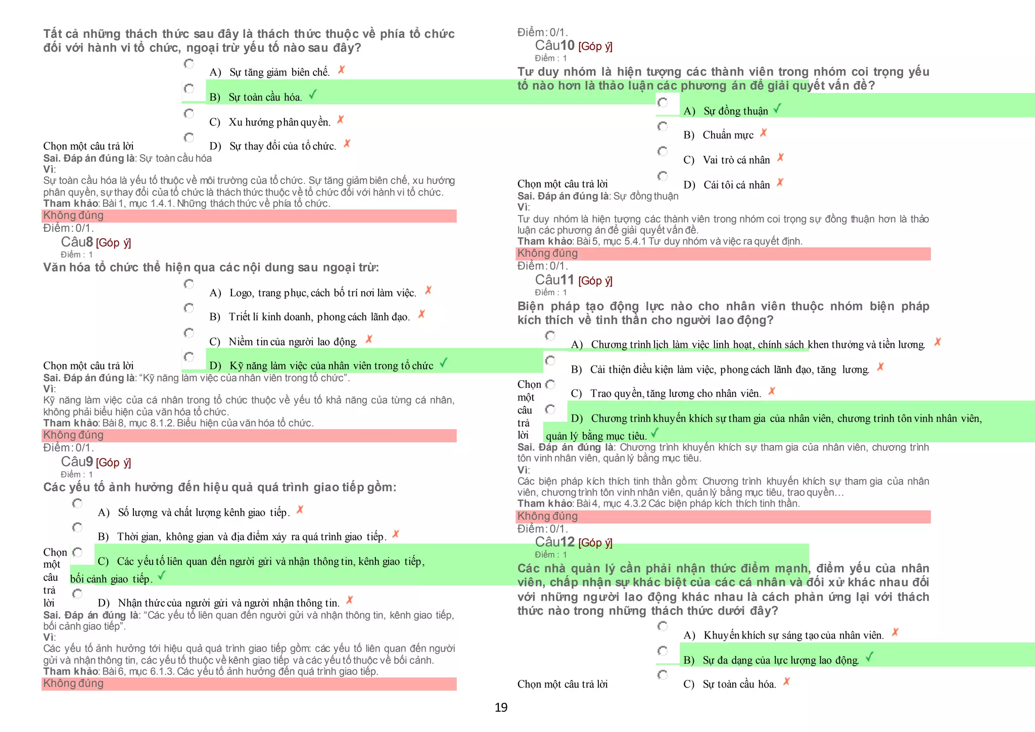 19
Tất cả những thách thức sau đây là thách thức thuộc về phía tổ chức
đối với hành vi tổ chức, ngoại trừ yếu tố nào sau đây?
Chọn một câu trả lời
 A) Sự tăng giảm biên chế.
 B) Sự toàn cầu hóa.
 C) Xu hướng phân quyền.
 D) Sự thay đổi của tổ chức.
Sai. Đáp án đúng là: Sự toàn cầu hóa
Vì:
Sự toàn cầu hóa là yếu tố thuộc về môi trường của tổ chức. Sự tăng giảm biên chế, xu hướng
phân quyền, sựthay đổi của tổ chức là thách thức thuộc về tổ chức đối với hành vi tổ chức.
Tham khảo: Bài1, mục 1.4.1. Những thách thức về phía tổ chức.
Không đúng
Điểm:0/1.
Câu8 [Góp ý]
Điểm : 1
Văn hóa tổ chức thể hiện qua các nội dung sau ngoại trừ:
Chọn một câu trả lời
 A) Logo, trang phục, cách bố trí nơi làm việc.
 B) Triết lí kinh doanh, phong cách lãnh đạo.
 C) Niềm tin của người lao động.
 D) Kỹ năng làm việc của nhân viên trong tổ chức
Sai. Đáp án đúng là: “Kỹ năng làm việc của nhân viên trong tổ chức”.
Vì:
Kỹ năng làm việc của cá nhân trong tổ chức thuộc về yếu tố khả năng của từng cá nhân,
không phải biểu hiện của văn hóa tổ chức.
Tham khảo: Bài8, mục 8.1.2. Biểu hiện của văn hóa tổ chức.
Không đúng
Điểm:0/1.
Câu9 [Góp ý]
Điểm : 1
Các yếu tố ảnh hưởng đến hiệu quả quá trình giao tiếp gồm:
Chọn
một
câu
trả
lời
 A) Số lượng và chất lượng kênh giao tiếp.
 B) Thời gian, không gian và địa điểm xảy ra quá trình giao tiếp.
 C) Các yếu tố liên quan đến người gửi và nhận thông tin, kênh giao tiếp,
 bối cảnh giao tiếp.
 D) Nhận thứccủa người gửi và người nhận thông tin.
Sai. Đáp án đúng là: “Các yếu tố liên quan đến người gửi và nhận thông tin, kênh giao tiếp,
bối cảnh giao tiếp”.
Vì:
Các yếu tố ảnh hưởng tới hiệu quả quá trình giao tiếp gồm: các yếu tố liên quan đến người
gửi và nhận thông tin, các yếu tố thuộc về kênh giao tiếp và các yếu tố thuộc về bối cảnh.
Tham khảo: Bài6, mục 6.1.3. Các yếu tố ảnh hưởng đến quá trình giao tiếp.
Không đúng
Điểm:0/1.
Câu10 [Góp ý]
Điểm : 1
Tư duy nhóm là hiện tượng các thành viên trong nhóm coi trọng yếu
tố nào hơn là thảo luận các phương án để giải quyết vấn đề?
Chọn một câu trả lời
 A) Sự đồng thuận
 B) Chuẩn mực
 C) Vai trò cá nhân
 D) Cái tôi cá nhân
Sai. Đáp án đúng là: Sự đồng thuận
Vì:
Tư duy nhóm là hiện tượng các thành viên trong nhóm coi trọng sự đồng thuận hơn là thảo
luận các phương án để giải quyết vấn đề.
Tham khảo: Bài5, mục 5.4.1 Tư duy nhóm và việc ra quyết định.
Không đúng
Điểm:0/1.
Câu11 [Góp ý]
Điểm : 1
Biện pháp tạo động lực nào cho nhân viên thuộc nhóm biện pháp
kích thích về tinh thần cho người lao động?
Chọn
một
câu
trả
lời
 A) Chương trình lịch làm việc linh hoạt, chính sách khen thưởng và tiền lương.
 B) Cải thiện điều kiện làm việc, phong cách lãnh đạo, tăng lương.
 C) Trao quyền, tăng lương cho nhân viên.
 D) Chương trình khuyến khích sự tham gia của nhân viên, chương trình tôn vinh nhân viên,
 quản lý bằng mục tiêu.
Sai. Đáp án đúng là: Chương trình khuyến khích sự tham gia của nhân viên, chương trình
tôn vinh nhân viên, quản lý bằng mục tiêu.
Vì:
Các biện pháp kích thích tinh thần gồm: Chương trình khuyến khích sự tham gia của nhân
viên, chương trình tôn vinh nhân viên, quản lý bằng mục tiêu, trao quyền…
Tham khảo: Bài4, mục 4.3.2 Các biện pháp kích thích tinh thần.
Không đúng
Điểm:0/1.
Câu12 [Góp ý]
Điểm : 1
Các nhà quản lý cần phải nhận thức điểm mạnh, điểm yếu của nhân
viên, chấp nhận sự khác biệt của các cá nhân và đối xử khác nhau đối
với những người lao động khác nhau là cách phản ứng lại với thách
thức nào trong những thách thức dưới đây?
Chọn một câu trả lời
 A) Khuyến khích sự sáng tạo của nhân viên.
 B) Sự đa dạng của lực lượng lao động.
 C) Sự toàn cầu hóa.
 