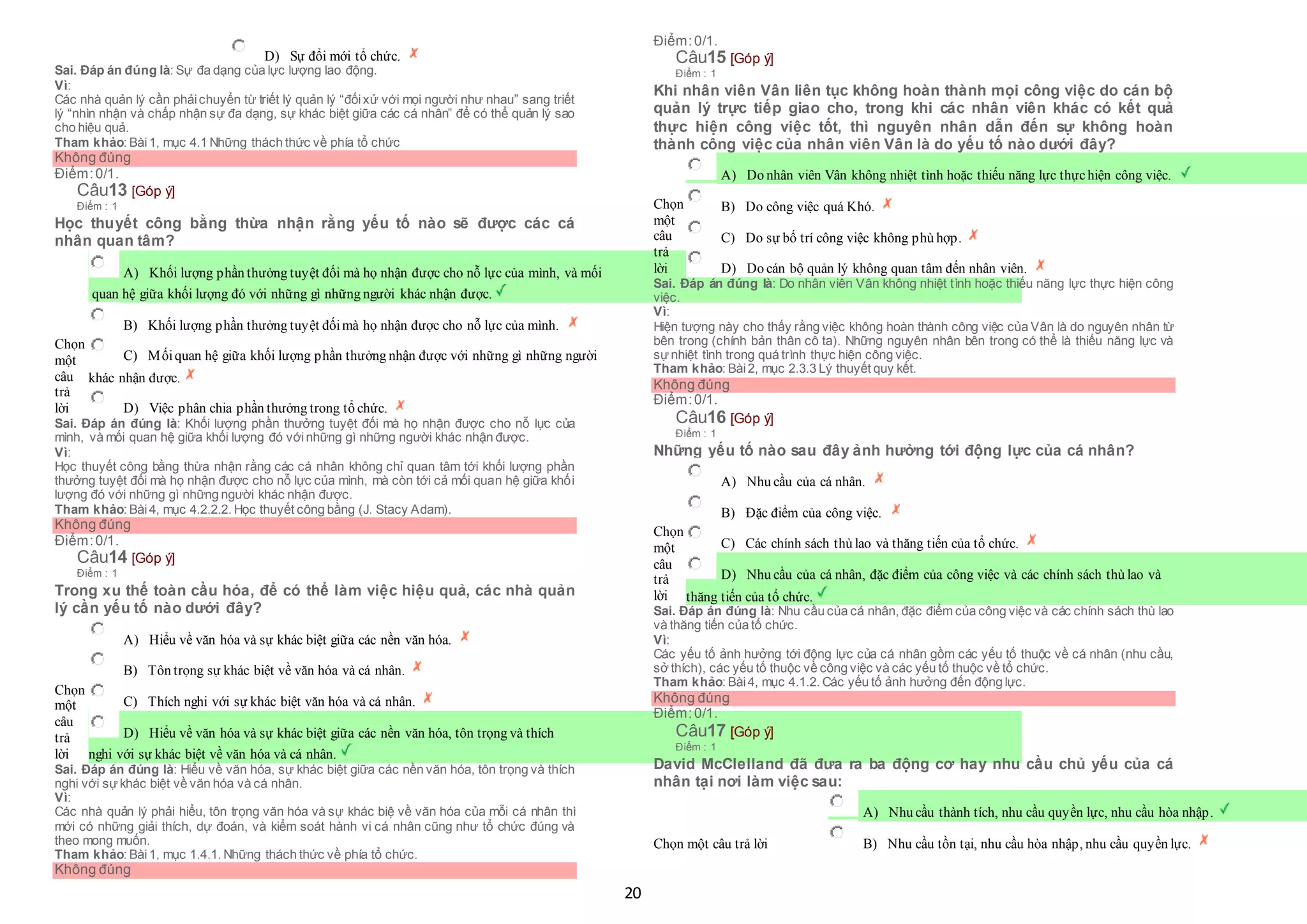 20
 D) Sự đổi mới tổ chức.
Sai. Đáp án đúng là: Sự đa dạng của lực lượng lao động.
Vì:
Các nhà quản lý cần phảichuyển từ triết lý quản lý “đốixử với mọi người như nhau” sang triết
lý “nhìn nhận và chấp nhận sự đa dạng, sự khác biệt giữa các cá nhân” để có thể quản lý sao
cho hiệu quả.
Tham khảo: Bài1, mục 4.1 Những thách thức về phía tổ chức
Không đúng
Điểm:0/1.
Câu13 [Góp ý]
Điểm : 1
Học thuyết công bằng thừa nhận rằng yếu tố nào sẽ được các cá
nhân quan tâm?
Chọn
một
câu
trả
lời
 A) Khối lượng phần thưởng tuyệt đối mà họ nhận được cho nỗ lực của mình, và mối
 quan hệ giữa khối lượng đó với những gì những người khác nhận được.
 B) Khối lượng phần thưởng tuyệt đốimà họ nhận được cho nỗ lực của mình.
 C) Mốiquan hệ giữa khối lượng phần thưởng nhận được với những gì những người
 khác nhận được.
 D) Việc phân chia phần thưởng trong tổ chức.
Sai. Đáp án đúng là: Khối lượng phần thưởng tuyệt đối mà họ nhận được cho nỗ lực của
mình, và mối quan hệ giữa khối lượng đó vớinhững gì những người khác nhận được.
Vì:
Học thuyết công bằng thừa nhận rằng các cá nhân không chỉ quan tâm tới khối lượng phần
thưởng tuyệt đối mà họ nhận được cho nỗ lực của mình, mà còn tới cả mối quan hệ giữa khối
lượng đó với những gì những người khác nhận được.
Tham khảo: Bài4, mục 4.2.2.2. Học thuyết công bằng (J. Stacy Adam).
Không đúng
Điểm:0/1.
Câu14 [Góp ý]
Điểm : 1
Trong xu thế toàn cầu hóa, để có thể làm việc hiệu quả, các nhà quản
lý cần yếu tố nào dưới đây?
Chọn
một
câu
trả
lời
 A) Hiểu về văn hóa và sự khác biệt giữa các nền văn hóa.
 B) Tôn trọng sự khác biệt về văn hóa và cá nhân.
 C) Thích nghi với sự khác biệt văn hóa và cá nhân.
 D) Hiểu về văn hóa và sự khác biệt giữa các nền văn hóa, tôn trọng và thích
 nghi với sự khác biệt về văn hóa và cá nhân.
Sai. Đáp án đúng là: Hiểu về văn hóa, sự khác biệt giữa các nền văn hóa, tôn trọng và thích
nghi với sựkhác biệt về văn hóa và cá nhân.
Vì:
Các nhà quản lý phải hiểu, tôn trọng văn hóa và sự khác biệ về văn hóa của mỗi cá nhân thì
mới có những giải thích, dự đoán, và kiểm soát hành vi cá nhân cũng như tổ chức đúng và
theo mong muốn.
Tham khảo: Bài1, mục 1.4.1. Những thách thức về phía tổ chức.
Không đúng
Điểm:0/1.
Câu15 [Góp ý]
Điểm : 1
Khi nhân viên Vân liên tục không hoàn thành mọi công việc do cán bộ
quản lý trực tiếp giao cho, trong khi các nhân viên khác có kết quả
thực hiện công việc tốt, thì nguyên nhân dẫn đến sự không hoàn
thành công việc của nhân viên Vân là do yếu tố nào dưới đây?
Chọn
một
câu
trả
lời
 A) Do nhân viên Vân không nhiệt tình hoặc thiếu năng lực thựchiện công việc.
 B) Do công việc quá Khó.
 C) Do sự bố trí công việc không phù hợp.
 D) Do cán bộ quản lý không quan tâm đến nhân viên.
Sai. Đáp án đúng là: Do nhân viên Vân không nhiệt tình hoặc thiếu năng lực thực hiện công
việc.
Vì:
Hiện tượng này cho thấy rằng việc không hoàn thành công việc của Vân là do nguyên nhân từ
bên trong (chính bản thân cô ta). Những nguyên nhân bên trong có thể là thiếu năng lực và
sựnhiệt tình trong quá trình thực hiện công việc.
Tham khảo: Bài2, mục 2.3.3 Lý thuyết quy kết.
Không đúng
Điểm:0/1.
Câu16 [Góp ý]
Điểm : 1
Những yếu tố nào sau đây ảnh hưởng tới động lực của cá nhân?
Chọn
một
câu
trả
lời
 A) Nhu cầu của cá nhân.
 B) Đặc điểm của công việc.
 C) Các chính sách thù lao và thăng tiến của tổ chức.
 D) Nhu cầu của cá nhân, đặc điểm của công việc và các chính sách thù lao và
 thăng tiến của tổ chức.
Sai. Đáp án đúng là: Nhu cầu của cá nhân, đặc điểm của công việc và các chính sách thù lao
và thăng tiến của tổ chức.
Vì:
Các yếu tố ảnh hưởng tới động lực của cá nhân gồm các yếu tố thuộc về cá nhân (nhu cầu,
sở thích), các yếu tố thuộc về công việc và các yếu tố thuộc về tổ chức.
Tham khảo: Bài4, mục 4.1.2. Các yếu tố ảnh hưởng đến động lực.
Không đúng
Điểm:0/1.
Câu17 [Góp ý]
Điểm : 1
David McClelland đã đưa ra ba động cơ hay nhu cầu chủ yếu của cá
nhân tại nơi làm việc sau:
Chọn một câu trả lời
 A) Nhu cầu thành tích, nhu cầu quyền lực, nhu cầu hòa nhập.
 B) Nhu cầu tồn tại, nhu cầu hòa nhập, nhu cầu quyền lực.
 