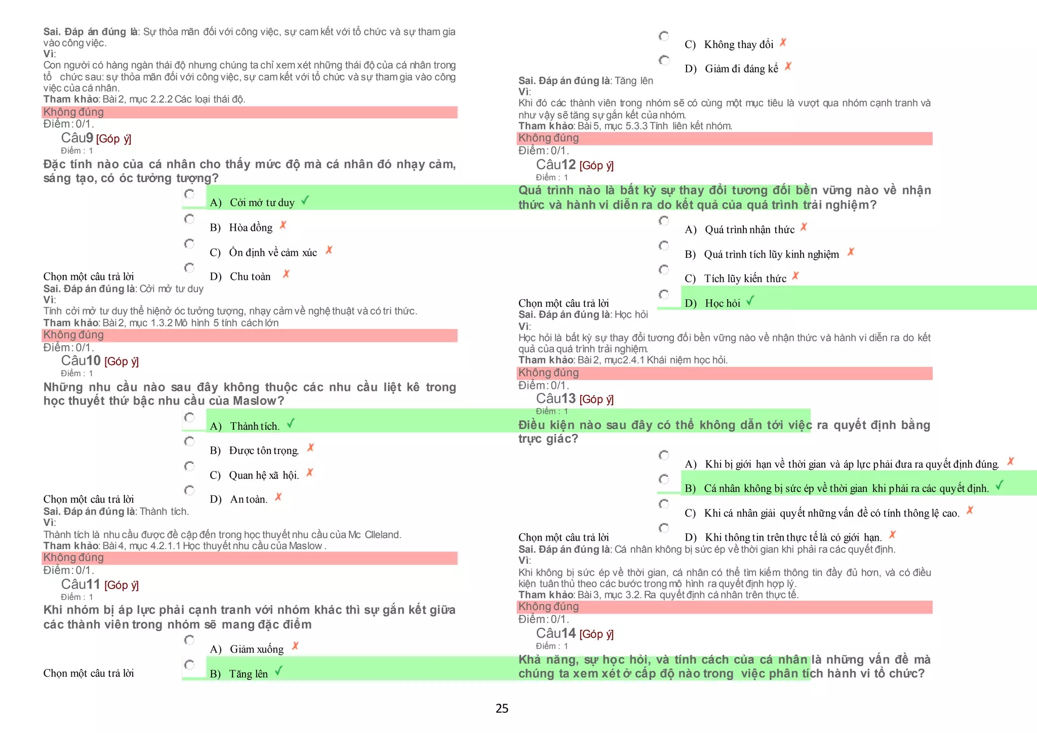 25
Sai. Đáp án đúng là: Sự thỏa mãn đối với công việc, sự cam kết với tổ chức và sự tham gia
vào công việc.
Vì:
Con người có hàng ngàn thái độ nhưng chúng ta chỉ xem xét những thái độ của cá nhân trong
tổ chức sau: sự thỏa mãn đối với công việc, sự cam kết với tổ chức và sự tham gia vào công
việc của cá nhân.
Tham khảo: Bài2, mục 2.2.2 Các loại thái độ.
Không đúng
Điểm:0/1.
Câu9 [Góp ý]
Điểm : 1
Đặc tính nào của cá nhân cho thấy mức độ mà cá nhân đó nhạy cảm,
sáng tạo, có óc tưởng tượng?
Chọn một câu trả lời
 A) Cởi mở tư duy
 B) Hòa đồng
 C) Ổn định về cảm xúc
 D) Chu toàn
Sai. Đáp án đúng là: Cởi mở tư duy
Vì:
Tính cởi mở tư duy thể hiệnở óc tưởng tượng, nhạy cảm về nghệ thuật và có tri thức.
Tham khảo: Bài2, mục 1.3.2 Mô hình 5 tính cách lớn
Không đúng
Điểm:0/1.
Câu10 [Góp ý]
Điểm : 1
Những nhu cầu nào sau đây không thuộc các nhu cầu liệt kê trong
học thuyết thứ bậc nhu cầu của Maslow?
Chọn một câu trả lời
 A) Thành tích.
 B) Được tôn trọng.
 C) Quan hệ xã hội.
 D) An toàn.
Sai. Đáp án đúng là: Thành tích.
Vì:
Thành tích là nhu cầu được đề cập đến trong học thuyết nhu cầu của Mc Clleland.
Tham khảo: Bài4, mục 4.2.1.1 Học thuyết nhu cầu của Maslow .
Không đúng
Điểm:0/1.
Câu11 [Góp ý]
Điểm : 1
Khi nhóm bị áp lực phải cạnh tranh với nhóm khác thì sự gắn kết giữa
các thành viên trong nhóm sẽ mang đặc điểm
Chọn một câu trả lời
 A) Giảm xuống
 B) Tăng lên
 C) Không thay đổi
 D) Giảm đi đáng kể
Sai. Đáp án đúng là: Tăng lên
Vì:
Khi đó các thành viên trong nhóm sẽ có cùng một mục tiêu là vượt qua nhóm cạnh tranh và
như vậy sẽ tăng sựgắn kết của nhóm.
Tham khảo: Bài5, mục 5.3.3 Tính liên kết nhóm.
Không đúng
Điểm:0/1.
Câu12 [Góp ý]
Điểm : 1
Quá trình nào là bất kỳ sự thay đổi tương đối bền vững nào về nhận
thức và hành vi diễn ra do kết quả của quá trình trải nghiệm?
Chọn một câu trả lời
 A) Quá trình nhận thức
 B) Quá trình tích lũy kinh nghiệm
 C) Tích lũy kiến thức
 D) Học hỏi
Sai. Đáp án đúng là: Học hỏi
Vì:
Học hỏi là bất kỳ sự thay đổi tương đối bền vững nào về nhận thức và hành vi diễn ra do kết
quả của quá trình trải nghiệm.
Tham khảo: Bài2, mục2.4.1 Khái niệm học hỏi.
Không đúng
Điểm:0/1.
Câu13 [Góp ý]
Điểm : 1
Điều kiện nào sau đây có thể không dẫn tới việc ra quyết định bằng
trực giác?
Chọn một câu trả lời
 A) Khi bị giới hạn về thời gian và áp lực phải đưa ra quyết định đúng.
 B) Cá nhân không bị sức ép về thời gian khi phải ra các quyết định.
 C) Khi cá nhân giải quyết những vấn đề có tính thông lệ cao.
 D) Khi thông tin trên thực tếlà có giới hạn.
Sai. Đáp án đúng là: Cá nhân không bị sức ép về thời gian khi phải ra các quyết định.
Vì:
Khi không bị sức ép về thời gian, cá nhân có thể tìm kiếm thông tin đầy đủ hơn, và có điều
kiện tuân thủ theo các bước trong mô hình ra quyết định hợp lý.
Tham khảo: Bài3, mục 3.2. Ra quyết định cá nhân trên thực tế.
Không đúng
Điểm:0/1.
Câu14 [Góp ý]
Điểm : 1
Khả năng, sự học hỏi, và tính cách của cá nhân là những vấn đề mà
chúng ta xem xét ở cấp độ nào trong việc phân tích hành vi tổ chức?
 