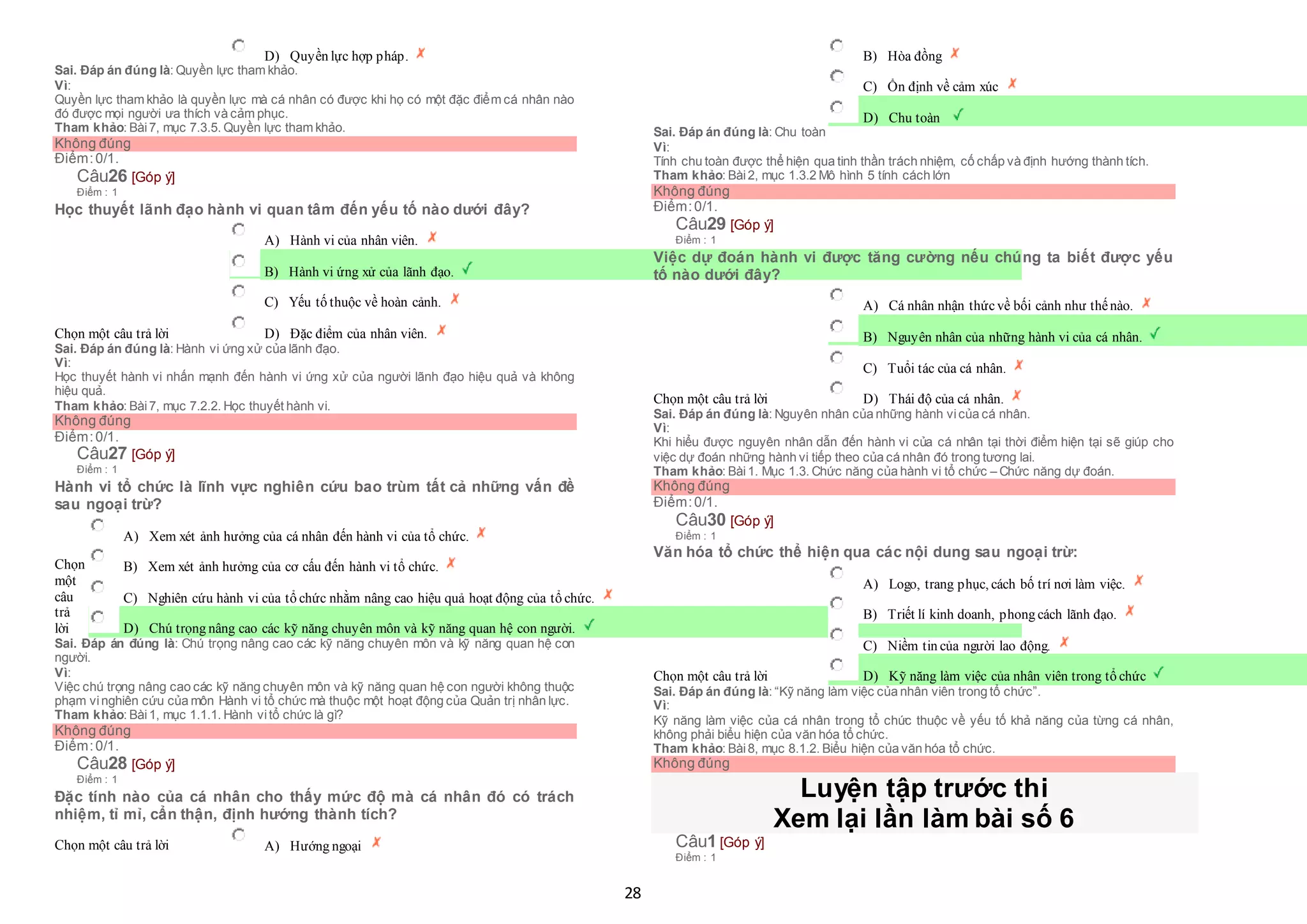 28
 D) Quyền lực hợp pháp.
Sai. Đáp án đúng là: Quyền lực tham khảo.
Vì:
Quyền lực tham khảo là quyền lực mà cá nhân có được khi họ có một đặc điểm cá nhân nào
đó được mọi người ưa thích và cảm phục.
Tham khảo: Bài7, mục 7.3.5. Quyền lực tham khảo.
Không đúng
Điểm:0/1.
Câu26 [Góp ý]
Điểm : 1
Học thuyết lãnh đạo hành vi quan tâm đến yếu tố nào dưới đây?
Chọn một câu trả lời
 A) Hành vi của nhân viên.
 B) Hành vi ứng xử của lãnh đạo.
 C) Yếu tố thuộc về hoàn cảnh.
 D) Đặc điểm của nhân viên.
Sai. Đáp án đúng là: Hành vi ứng xử của lãnh đạo.
Vì:
Học thuyết hành vi nhấn mạnh đến hành vi ứng xử của người lãnh đạo hiệu quả và không
hiệu quả.
Tham khảo: Bài7, mục 7.2.2. Học thuyết hành vi.
Không đúng
Điểm:0/1.
Câu27 [Góp ý]
Điểm : 1
Hành vi tổ chức là lĩnh vực nghiên cứu bao trùm tất cả những vấn đề
sau ngoại trừ?
Chọn
một
câu
trả
lời
 A) Xem xét ảnh hưởng của cá nhân đến hành vi của tổ chức.
 B) Xem xét ảnh hưởng của cơ cấu đến hành vi tổ chức.
 C) Nghiên cứu hành vi của tổ chức nhằm nâng cao hiệu quả hoạt động của tổ chức.
 D) Chú trọng nâng cao các kỹ năng chuyên môn và kỹ năng quan hệ con người.
Sai. Đáp án đúng là: Chú trọng nâng cao các kỹ năng chuyên môn và kỹ năng quan hệ con
người.
Vì:
Việc chú trọng nâng cao các kỹ năng chuyên môn và kỹ năng quan hệ con người không thuộc
phạm vinghiên cứu của môn Hành vi tổ chức mà thuộc một hoạt động của Quản trị nhân lực.
Tham khảo: Bài1, mục 1.1.1. Hành vitổ chức là gì?
Không đúng
Điểm:0/1.
Câu28 [Góp ý]
Điểm : 1
Đặc tính nào của cá nhân cho thấy mức độ mà cá nhân đó có trách
nhiệm, tỉ mỉ, cẩn thận, định hướng thành tích?
Chọn một câu trả lời  A) Hướng ngoại
 B) Hòa đồng
 C) Ổn định về cảm xúc
 D) Chu toàn
Sai. Đáp án đúng là: Chu toàn
Vì:
Tính chu toàn được thể hiện qua tinh thần trách nhiệm, cố chấp và định hướng thành tích.
Tham khảo: Bài2, mục 1.3.2 Mô hình 5 tính cách lớn
Không đúng
Điểm:0/1.
Câu29 [Góp ý]
Điểm : 1
Việc dự đoán hành vi được tăng cường nếu chúng ta biết được yếu
tố nào dưới đây?
Chọn một câu trả lời
 A) Cá nhân nhận thức về bối cảnh như thếnào.
 B) Nguyên nhân của những hành vi của cá nhân.
 C) Tuổi tác của cá nhân.
 D) Thái độ của cá nhân.
Sai. Đáp án đúng là: Nguyên nhân của những hành vicủa cá nhân.
Vì:
Khi hiểu được nguyên nhân dẫn đến hành vi của cá nhân tại thời điểm hiện tại sẽ giúp cho
việc dự đoán những hành vi tiếp theo của cá nhân đó trong tương lai.
Tham khảo: Bài1. Mục 1.3. Chức năng của hành vi tổ chức – Chức năng dự đoán.
Không đúng
Điểm:0/1.
Câu30 [Góp ý]
Điểm : 1
Văn hóa tổ chức thể hiện qua các nội dung sau ngoại trừ:
Chọn một câu trả lời
 A) Logo, trang phục, cách bố trí nơi làm việc.
 B) Triết lí kinh doanh, phong cách lãnh đạo.
 C) Niềm tin của người lao động.
 D) Kỹ năng làm việc của nhân viên trong tổ chức
Sai. Đáp án đúng là: “Kỹ năng làm việc của nhân viên trong tổ chức”.
Vì:
Kỹ năng làm việc của cá nhân trong tổ chức thuộc về yếu tố khả năng của từng cá nhân,
không phải biểu hiện của văn hóa tổ chức.
Tham khảo: Bài8, mục 8.1.2. Biểu hiện của văn hóa tổ chức.
Không đúng
Luyện tập trước thi
Xem lại lần làm bài số 6
Câu1 [Góp ý]
Điểm : 1
 