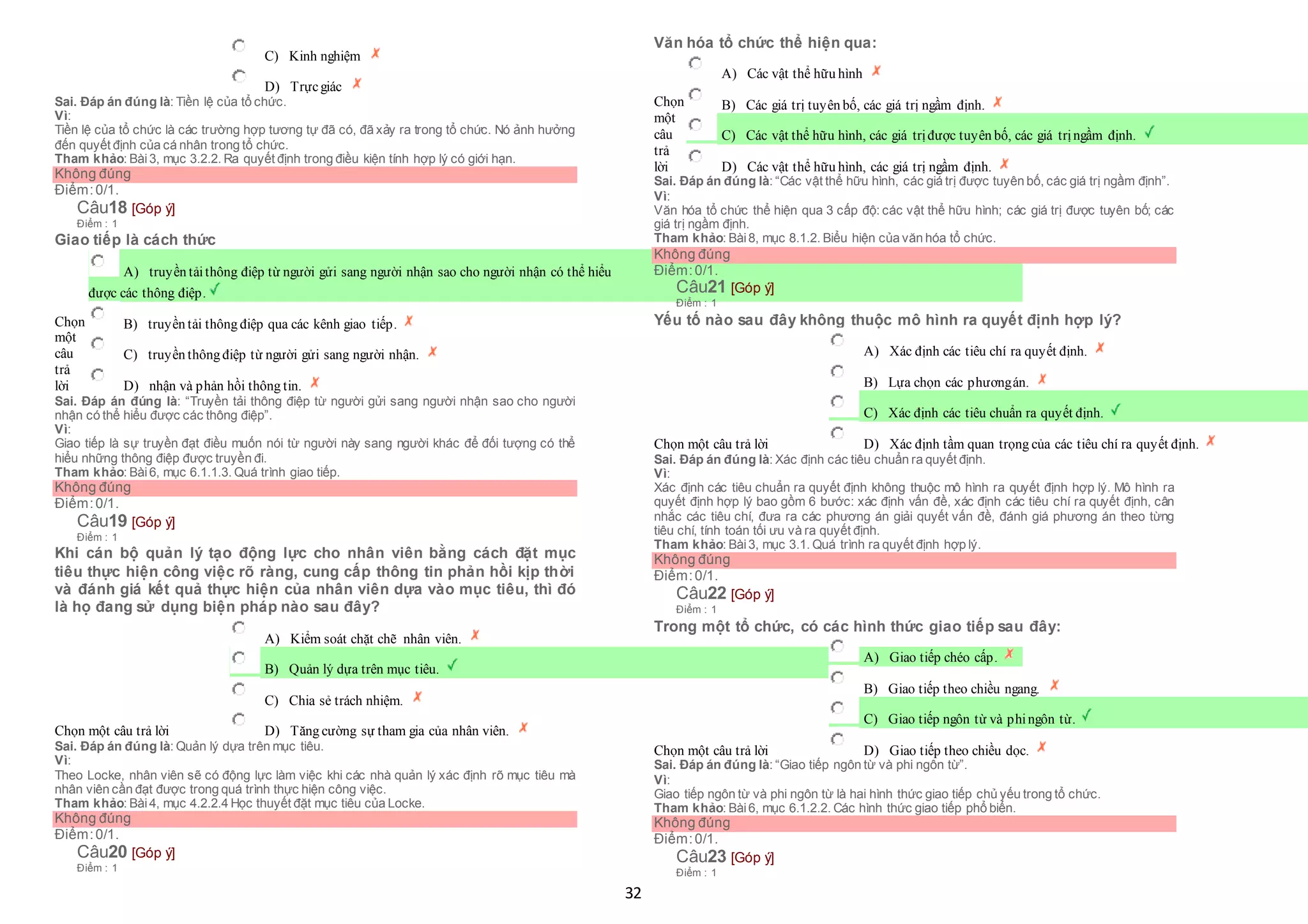 32
 C) Kinh nghiệm
 D) Trựcgiác
Sai. Đáp án đúng là: Tiền lệ của tổ chức.
Vì:
Tiền lệ của tổ chức là các trường hợp tương tự đã có, đã xảy ra trong tổ chức. Nó ảnh hưởng
đến quyết định của cá nhân trong tổ chức.
Tham khảo: Bài3, mục 3.2.2. Ra quyết định trong điều kiện tính hợp lý có giới hạn.
Không đúng
Điểm:0/1.
Câu18 [Góp ý]
Điểm : 1
Giao tiếp là cách thức
Chọn
một
câu
trả
lời
 A) truyền tảithông điệp từ người gửi sang người nhận sao cho người nhận có thể hiểu
 được các thông điệp.
 B) truyền tải thông điệp qua các kênh giao tiếp.
 C) truyền thông điệp từ người gửi sang người nhận.
 D) nhận và phản hồi thông tin.
Sai. Đáp án đúng là: “Truyền tải thông điệp từ người gửi sang người nhận sao cho người
nhận có thể hiểu được các thông điệp”.
Vì:
Giao tiếp là sự truyền đạt điều muốn nói từ người này sang người khác để đối tượng có thể
hiểu những thông điệp được truyền đi.
Tham khảo: Bài6, mục 6.1.1.3. Quá trình giao tiếp.
Không đúng
Điểm:0/1.
Câu19 [Góp ý]
Điểm : 1
Khi cán bộ quản lý tạo động lực cho nhân viên bằng cách đặt mục
tiêu thực hiện công việc rõ ràng, cung cấp thông tin phản hồi kịp thời
và đánh giá kết quả thực hiện của nhân viên dựa vào mục tiêu, thì đó
là họ đang sử dụng biện pháp nào sau đây?
Chọn một câu trả lời
 A) Kiểm soát chặt chẽ nhân viên.
 B) Quản lý dựa trên mục tiêu.
 C) Chia sẻ trách nhiệm.
 D) Tăng cường sự tham gia của nhân viên.
Sai. Đáp án đúng là: Quản lý dựa trên mục tiêu.
Vì:
Theo Locke, nhân viên sẽ có động lực làm việc khi các nhà quản lý xác định rõ mục tiêu mà
nhân viên cần đạt được trong quá trình thực hiện công việc.
Tham khảo: Bài4, mục 4.2.2.4 Học thuyết đặt mục tiêu của Locke.
Không đúng
Điểm:0/1.
Câu20 [Góp ý]
Điểm : 1
Văn hóa tổ chức thể hiện qua:
Chọn
một
câu
trả
lời
 A) Các vật thể hữu hình
 B) Các giá trị tuyên bố, các giá trị ngầm định.
 C) Các vật thể hữu hình, các giá trịđược tuyên bố, các giá trịngầm định.
 D) Các vật thể hữu hình, các giá trị ngầm định.
Sai. Đáp án đúng là: “Các vật thể hữu hình, các giá trị được tuyên bố, các giá trị ngầm định”.
Vì:
Văn hóa tổ chức thể hiện qua 3 cấp độ: các vật thể hữu hình; các giá trị được tuyên bố; các
giá trị ngầm định.
Tham khảo: Bài8, mục 8.1.2. Biểu hiện của văn hóa tổ chức.
Không đúng
Điểm:0/1.
Câu21 [Góp ý]
Điểm : 1
Yếu tố nào sau đây không thuộc mô hình ra quyết định hợp lý?
Chọn một câu trả lời
 A) Xác định các tiêu chí ra quyết định.
 B) Lựa chọn các phươngán.
 C) Xác định các tiêu chuẩn ra quyết định.
 D) Xác định tầm quan trọng của các tiêu chí ra quyết định.
Sai. Đáp án đúng là: Xác định các tiêu chuẩn ra quyết định.
Vì:
Xác định các tiêu chuẩn ra quyết định không thuộc mô hình ra quyết định hợp lý. Mô hình ra
quyết định hợp lý bao gồm 6 bước: xác định vấn đề, xác định các tiêu chí ra quyết định, cân
nhắc các tiêu chí, đưa ra các phương án giải quyết vấn đề, đánh giá phương án theo từng
tiêu chí, tính toán tối ưu và ra quyết định.
Tham khảo: Bài3, mục 3.1. Quá trình ra quyết định hợp lý.
Không đúng
Điểm:0/1.
Câu22 [Góp ý]
Điểm : 1
Trong một tổ chức, có các hình thức giao tiếp sau đây:
Chọn một câu trả lời
 A) Giao tiếp chéo cấp.
 B) Giao tiếp theo chiều ngang.
 C) Giao tiếp ngôn từ và phingôn từ.
 D) Giao tiếp theo chiều dọc.
Sai. Đáp án đúng là: “Giao tiếp ngôn từ và phi ngôn từ”.
Vì:
Giao tiếp ngôn từ và phi ngôn từ là hai hình thức giao tiếp chủ yếu trong tổ chức.
Tham khảo: Bài6, mục 6.1.2.2. Các hình thức giao tiếp phổ biến.
Không đúng
Điểm:0/1.
Câu23 [Góp ý]
Điểm : 1
 