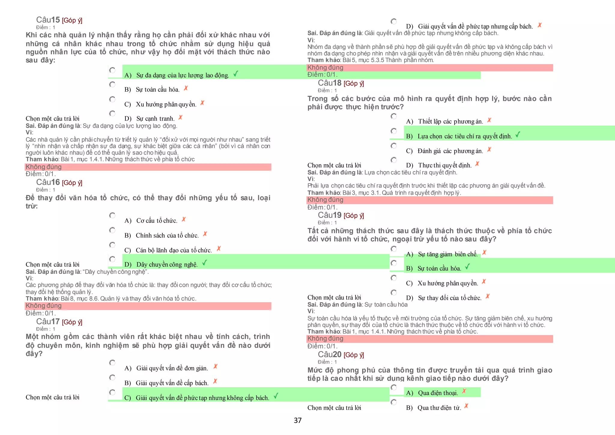 37
Câu15 [Góp ý]
Điểm : 1
Khi các nhà quản lý nhận thấy rằng họ cần phải đối xử khác nhau với
những cá nhân khác nhau trong tổ chức nhằm sử dụng hiệu quả
nguồn nhân lực của tổ chức, như vậy họ đối mặt với thách thức nào
sau đây:
Chọn một câu trả lời
 A) Sự đa dạng của lực lượng lao động.
 B) Sự toàn cầu hóa.
 C) Xu hướng phân quyền.
 D) Sự cạnh tranh.
Sai. Đáp án đúng là: Sự đa dạng của lực lượng lao động.
Vì:
Các nhà quản lý cần phảichuyển từ triết lý quản lý “đốixử với mọi người như nhau” sang triết
lý “nhìn nhận và chấp nhận sự đa dạng, sự khác biệt giữa các cá nhân” (bởi vì cá nhân con
người luôn khác nhau) để có thể quản lý sao cho hiệu quả.
Tham khảo: Bài1, mục 1.4.1. Những thách thức về phía tổ chức
Không đúng
Điểm:0/1.
Câu16 [Góp ý]
Điểm : 1
Để thay đổi văn hóa tổ chức, có thể thay đổi những yếu tố sau, loại
trừ:
Chọn một câu trả lời
 A) Cơ cấu tổ chức.
 B) Chính sách của tổ chức.
 C) Cán bộ lãnh đạo của tổ chức.
 D) Dây chuyền công nghệ.
Sai. Đáp án đúng là: “Dây chuyền công nghệ”.
Vì:
Các phương pháp để thay đổi văn hóa tổ chức là: thay đổicon người; thay đổi cơ cấu tổ chức;
thay đổi hệ thống quản lý.
Tham khảo: Bài8, mục 8.6. Quản lý và thay đổi văn hóa tổ chức.
Không đúng
Điểm:0/1.
Câu17 [Góp ý]
Điểm : 1
Một nhóm gồm các thành viên rất khác biệt nhau về tính cách, trình
độ chuyên môn, kinh nghiệm sẽ phù hợp giải quyết vấn đề nào dưới
đây?
Chọn một câu trả lời
 A) Giải quyết vấn đề đơn giản.
 B) Giải quyết vấn đề cấp bách.
 C) Giải quyết vấn đề phứctạp nhưng không cấp bách.
 D) Giải quyết vấn đề phứctạp nhưng cấp bách.
Sai. Đáp án đúng là: Giải quyết vấn đề phức tạp nhưng không cấp bách.
Vì:
Nhóm đa dạng về thành phần sẽ phù hợp đề giải quyết vấn đề phức tạp và không cấp bách vì
nhóm đa dạng cho phép nhìn nhận và giải quyết vấn đề trên nhiều phương diện khác nhau.
Tham khảo: Bài5, mục 5.3.5 Thành phần nhóm.
Không đúng
Điểm:0/1.
Câu18 [Góp ý]
Điểm : 1
Trong số các bước của mô hình ra quyết định hợp lý, bước nào cần
phải được thực hiện trước?
Chọn một câu trả lời
 A) Thiết lập các phương án.
 B) Lựa chọn các tiêu chí ra quyết định.
 C) Đánh giá các phương án.
 D) Thựcthi quyết định.
Sai. Đáp án đúng là: Lựa chọn các tiêu chí ra quyết định.
Vì:
Phải lựa chọn các tiêu chí ra quyết định trước khi thiết lập các phương án giải quyết vấn đề.
Tham khảo: Bài3, mục 3.1. Quá trình ra quyết định hợp lý.
Không đúng
Điểm:0/1.
Câu19 [Góp ý]
Điểm : 1
Tất cả những thách thức sau đây là thách thức thuộc về phía tổ chức
đối với hành vi tổ chức, ngoại trừ yếu tố nào sau đây?
Chọn một câu trả lời
 A) Sự tăng giảm biên chế.
 B) Sự toàn cầu hóa.
 C) Xu hướng phân quyền.
 D) Sự thay đổi của tổ chức.
Sai. Đáp án đúng là: Sự toàn cầu hóa
Vì:
Sự toàn cầu hóa là yếu tố thuộc về môi trường của tổ chức. Sự tăng giảm biên chế, xu hướng
phân quyền, sựthay đổi của tổ chức là thách thức thuộc về tổ chức đối với hành vi tổ chức.
Tham khảo: Bài1, mục 1.4.1. Những thách thức về phía tổ chức.
Không đúng
Điểm:0/1.
Câu20 [Góp ý]
Điểm : 1
Mức độ phong phú của thông tin được truyển tải qua quá trình giao
tiếp là cao nhất khi sử dụng kênh giao tiếp nào dưới đây?
Chọn một câu trả lời
 A) Qua điện thoại.
 B) Qua thư điện tử.
 