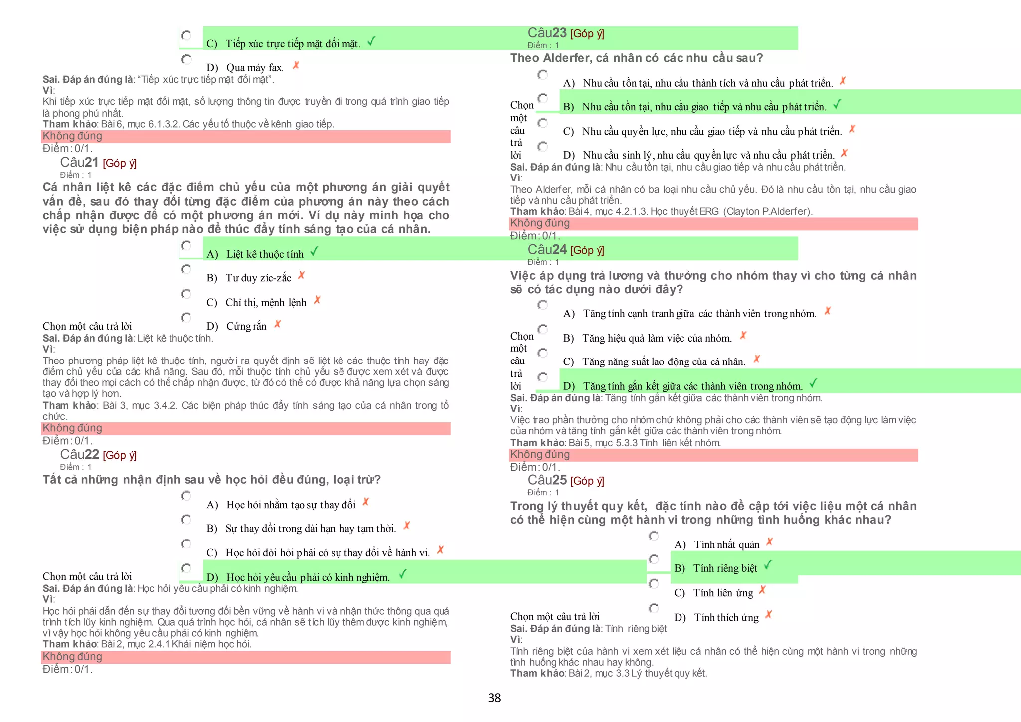 38
 C) Tiếp xúc trực tiếp mặt đối mặt.
 D) Qua máy fax.
Sai. Đáp án đúng là: “Tiếp xúc trực tiếp mặt đối mặt”.
Vì:
Khi tiếp xúc trực tiếp mặt đối mặt, số lượng thông tin được truyền đi trong quá trình giao tiếp
là phong phú nhất.
Tham khảo: Bài6, mục 6.1.3.2. Các yếu tố thuộc về kênh giao tiếp.
Không đúng
Điểm:0/1.
Câu21 [Góp ý]
Điểm : 1
Cá nhân liệt kê các đặc điểm chủ yếu của một phương án giải quyết
vấn đề, sau đó thay đổi từng đặc điểm của phương án này theo cách
chấp nhận được để có một phương án mới. Ví dụ này minh họa cho
việc sử dụng biện pháp nào để thúc đẩy tính sáng tạo của cá nhân.
Chọn một câu trả lời
 A) Liệt kê thuộc tính
 B) Tư duy zíc-zắc
 C) Chỉ thị, mệnh lệnh
 D) Cứng rắn
Sai. Đáp án đúng là: Liệt kê thuộc tính.
Vì:
Theo phương pháp liệt kê thuộc tính, người ra quyết định sẽ liệt kê các thuộc tính hay đặc
điểm chủ yếu của các khả năng. Sau đó, mỗi thuộc tính chủ yếu sẽ được xem xét và được
thay đổi theo mọi cách có thể chấp nhận được, từ đó có thể có được khả năng lựa chọn sáng
tạo và hợp lý hơn.
Tham khảo: Bài 3, mục 3.4.2. Các biện pháp thúc đẩy tính sáng tạo của cá nhân trong tổ
chức.
Không đúng
Điểm:0/1.
Câu22 [Góp ý]
Điểm : 1
Tất cả những nhận định sau về học hỏi đều đúng, loại trừ?
Chọn một câu trả lời
 A) Học hỏi nhằm tạo sự thay đổi
 B) Sự thay đổi trong dài hạn hay tạm thời.
 C) Học hỏi đòi hỏi phải có sự thay đổi về hành vi.
 D) Học hỏi yêu cầu phải có kinh nghiệm.
Sai. Đáp án đúng là: Học hỏi yêu cầu phải có kinh nghiệm.
Vì:
Học hỏi phải dẫn đến sự thay đổi tương đối bền vững về hành vi và nhận thức thông qua quá
trình tích lũy kinh nghiệm. Qua quá trình học hỏi, cá nhân sẽ tích lũy thêm được kinh nghiệm,
vì vậy học hỏi không yêu cầu phải có kinh nghiệm.
Tham khảo: Bài2, mục 2.4.1 Khái niệm học hỏi.
Không đúng
Điểm:0/1.
Câu23 [Góp ý]
Điểm : 1
Theo Alderfer, cá nhân có các nhu cầu sau?
Chọn
một
câu
trả
lời
 A) Nhu cầu tồn tại, nhu cầu thành tích và nhu cầu phát triển.
 B) Nhu cầu tồn tại, nhu cầu giao tiếp và nhu cầu phát triển.
 C) Nhu cầu quyền lực, nhu cầu giao tiếp và nhu cầu phát triển.
 D) Nhu cầu sinh lý, nhu cầu quyền lực và nhu cầu phát triển.
Sai. Đáp án đúng là: Nhu cầu tồn tại, nhu cầu giao tiếp và nhu cầu phát triển.
Vì:
Theo Alderfer, mỗi cá nhân có ba loại nhu cầu chủ yếu. Đó là nhu cầu tồn tại, nhu cầu giao
tiếp và nhu cầu phát triển.
Tham khảo: Bài4, mục 4.2.1.3. Học thuyết ERG (Clayton P.Alderfer).
Không đúng
Điểm:0/1.
Câu24 [Góp ý]
Điểm : 1
Việc áp dụng trả lương và thưởng cho nhóm thay vì cho từng cá nhân
sẽ có tác dụng nào dưới đây?
Chọn
một
câu
trả
lời
 A) Tăng tính cạnh tranh giữa các thành viên trong nhóm.
 B) Tăng hiệu quả làm việc của nhóm.
 C) Tăng năng suất lao động của cá nhân.
 D) Tăng tính gắn kết giữa các thành viên trong nhóm.
Sai. Đáp án đúng là: Tăng tính gắn kết giữa các thành viên trong nhóm.
Vì:
Việc trao phần thưởng cho nhóm chứ không phải cho các thành viên sẽ tạo động lực làm việc
của nhóm và tăng tính gắn kết giữa các thành viên trong nhóm.
Tham khảo: Bài5, mục 5.3.3 Tính liên kết nhóm.
Không đúng
Điểm:0/1.
Câu25 [Góp ý]
Điểm : 1
Trong lý thuyết quy kết, đặc tính nào đề cập tới việc liệu một cá nhân
có thể hiện cùng một hành vi trong những tình huống khác nhau?
Chọn một câu trả lời
 A) Tính nhất quán
 B) Tính riêng biệt
 C) Tính liên ứng
 D) Tính thích ứng
Sai. Đáp án đúng là: Tính riêng biệt
Vì:
Tính riêng biệt của hành vi xem xét liệu cá nhân có thể hiện cùng một hành vi trong những
tình huống khác nhau hay không.
Tham khảo: Bài2, mục 3.3 Lý thuyết quy kết.
 