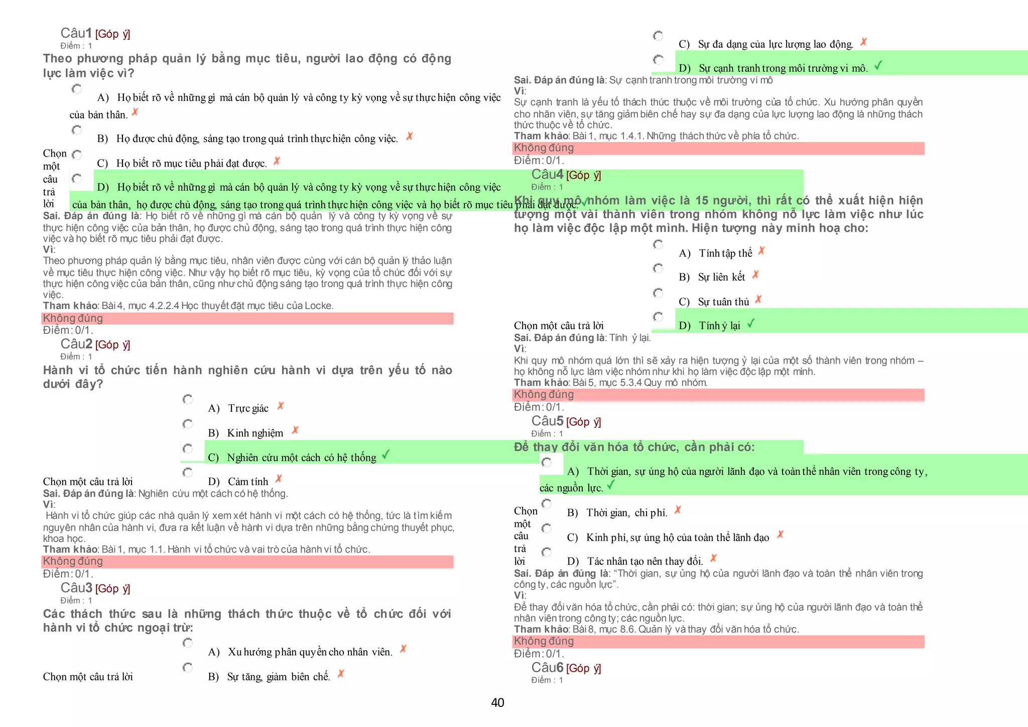 40
Câu1 [Góp ý]
Điểm : 1
Theo phương pháp quản lý bằng mục tiêu, người lao động có động
lực làm việc vì?
Chọn
một
câu
trả
lời
 A) Họ biết rõ về những gì mà cán bộ quản lý và công ty kỳ vọng về sự thựchiện công việc
 của bản thân.
 B) Họ được chủ động, sáng tạo trong quá trình thựchiện công việc.
 C) Họ biết rõ mục tiêu phải đạt được.
 D) Họ biết rõ về những gì mà cán bộ quản lý và công ty kỳ vọng về sự thựchiện công việc
 của bản thân, họ được chủ động, sáng tạo trong quá trình thựchiện công việc và họ biết rõ mục tiêu phải đạt được.
Sai. Đáp án đúng là: Họ biết rõ về những gì mà cán bộ quản lý và công ty kỳ vọng về sự
thực hiện công việc của bản thân, họ được chủ động, sáng tạo trong quá trình thực hiện công
việc và họ biết rõ mục tiêu phải đạt được.
Vì:
Theo phương pháp quản lý bằng mục tiêu, nhân viên được cùng với cán bộ quản lý thảo luận
về mục tiêu thực hiện công việc. Như vậy họ biết rõ mục tiêu, kỳ vọng của tổ chức đối với sự
thực hiện công việc của bản thân, cũng nhưchủ động sáng tạo trong quá trình thực hiện công
việc.
Tham khảo: Bài4, mục 4.2.2.4 Học thuyết đặt mục tiêu của Locke.
Không đúng
Điểm:0/1.
Câu2 [Góp ý]
Điểm : 1
Hành vi tổ chức tiến hành nghiên cứu hành vi dựa trên yếu tố nào
dưới đây?
Chọn một câu trả lời
 A) Trựcgiác
 B) Kinh nghiệm
 C) Nghiên cứu một cách có hệ thống
 D) Cảm tính
Sai. Đáp án đúng là: Nghiên cứu một cách có hệ thống.
Vì:
Hành vi tổ chức giúp các nhà quản lý xem xét hành vi một cách có hệ thống, tức là tìm kiếm
nguyên nhân của hành vi, đưa ra kết luận về hành vi dựa trên những bằng chứng thuyết phục,
khoa học.
Tham khảo: Bài1, mục 1.1. Hành vi tổ chức và vai trò của hành vi tổ chức.
Không đúng
Điểm:0/1.
Câu3 [Góp ý]
Điểm : 1
Các thách thức sau là những thách thức thuộc về tổ chức đối với
hành vi tổ chức ngoại trừ:
Chọn một câu trả lời
 A) Xu hướng phân quyền cho nhân viên.
 B) Sự tăng, giảm biên chế.
 C) Sự đa dạng của lực lượng lao động.
 D) Sự cạnh tranh trong môi trường vi mô.
Sai. Đáp án đúng là: Sự cạnh tranh trong môi trường vi mô
Vì:
Sự cạnh tranh là yếu tố thách thức thuộc về môi trường của tổ chức. Xu hướng phân quyền
cho nhân viên, sự tăng giảm biên chế hay sự đa dạng của lực lượng lao động là những thách
thức thuộc về tổ chức.
Tham khảo: Bài1, mục 1.4.1. Những thách thức về phía tổ chức.
Không đúng
Điểm:0/1.
Câu4 [Góp ý]
Điểm : 1
Khi quy mô nhóm làm việc là 15 người, thì rất có thể xuất hiện hiện
tượng một vài thành viên trong nhóm không nỗ lực làm việc như lúc
họ làm việc độc lập một mình. Hiện tượng này minh hoạ cho:
Chọn một câu trả lời
 A) Tính tập thể
 B) Sự liên kết
 C) Sự tuân thủ
 D) Tính ỷ lại
Sai. Đáp án đúng là: Tính ỷ lại.
Vì:
Khi quy mô nhóm quá lớn thì sẽ xảy ra hiện tượng ỷ lại của một số thành viên trong nhóm –
họ không nỗ lực làm việc nhóm như khi họ làm việc độc lập một mình.
Tham khảo: Bài5, mục 5.3.4 Quy mô nhóm.
Không đúng
Điểm:0/1.
Câu5 [Góp ý]
Điểm : 1
Để thay đổi văn hóa tổ chức, cần phải có:
Chọn
một
câu
trả
lời
 A) Thời gian, sự ủng hộ của người lãnh đạo và toàn thể nhân viên trong công ty,
 các nguồn lực.
 B) Thời gian, chi phí.
 C) Kinh phí, sự ủng hộ của toàn thể lãnh đạo
 D) Tác nhân tạo nên thay đổi.
Sai. Đáp án đúng là: “Thời gian, sự ủng hộ của người lãnh đạo và toàn thể nhân viên trong
công ty, các nguồn lực”.
Vì:
Để thay đổivăn hóa tổ chức, cần phải có: thời gian; sự ủng hộ của người lãnh đạo và toàn thể
nhân viên trong công ty; các nguồn lực.
Tham khảo: Bài8, mục 8.6. Quản lý và thay đổi văn hóa tổ chức.
Không đúng
Điểm:0/1.
Câu6 [Góp ý]
Điểm : 1
 