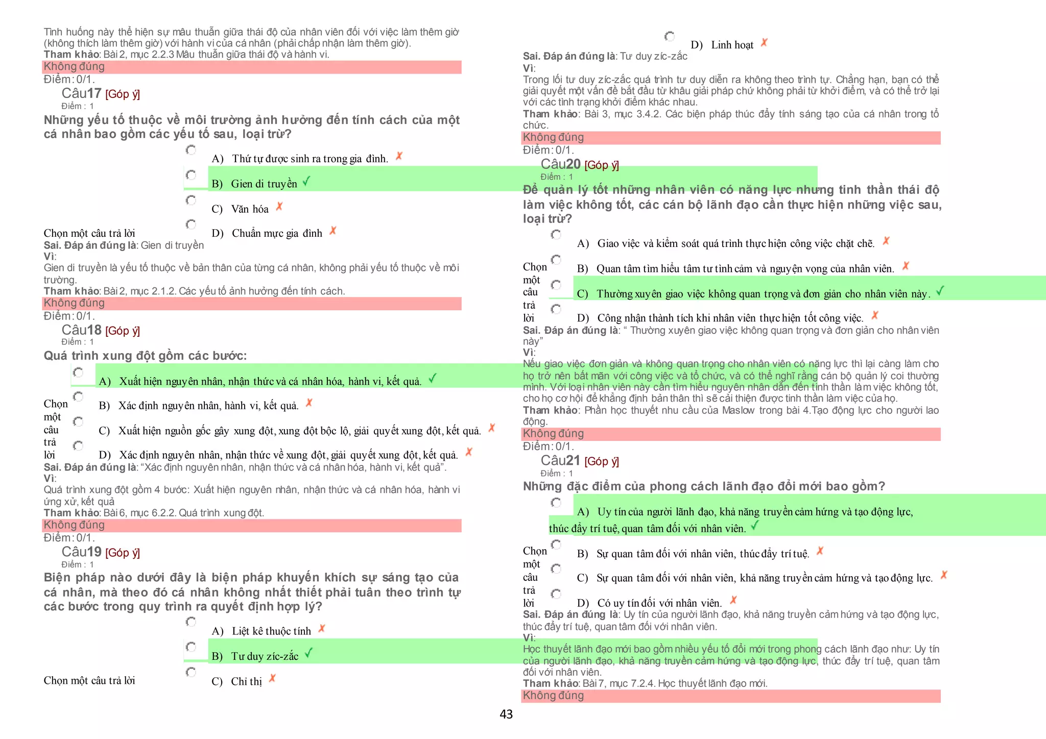 43
Tình huống này thể hiện sự mâu thuẫn giữa thái độ của nhân viên đối với việc làm thêm giờ
(không thích làm thêm giờ) với hành vicủa cá nhân (phảichấp nhận làm thêm giờ).
Tham khảo: Bài2, mục 2.2.3 Mâu thuẫn giữa thái độ và hành vi.
Không đúng
Điểm:0/1.
Câu17 [Góp ý]
Điểm : 1
Những yếu tố thuộc về môi trường ảnh hưởng đến tính cách của một
cá nhân bao gồm các yếu tố sau, loại trừ?
Chọn một câu trả lời
 A) Thứ tự được sinh ra trong gia đình.
 B) Gien di truyền
 C) Văn hóa
 D) Chuẩn mực gia đình
Sai. Đáp án đúng là: Gien di truyền
Vì:
Gien di truyền là yếu tố thuộc về bản thân của từng cá nhân, không phải yếu tố thuộc về môi
trường.
Tham khảo: Bài2, mục 2.1.2. Các yếu tố ảnh hưởng đến tính cách.
Không đúng
Điểm:0/1.
Câu18 [Góp ý]
Điểm : 1
Quá trình xung đột gồm các bước:
Chọn
một
câu
trả
lời
 A) Xuất hiện nguyên nhân, nhận thứcvà cá nhân hóa, hành vi, kết quả.
 B) Xác định nguyên nhân, hành vi, kết quả.
 C) Xuất hiện nguồn gốc gây xung đột, xung đột bộc lộ, giải quyết xung đột, kết quả.
 D) Xác định nguyên nhân, nhận thức về xung đột, giải quyết xung đột, kết quả.
Sai. Đáp án đúng là: “Xác định nguyên nhân, nhận thức và cá nhân hóa, hành vi, kết quả”.
Vì:
Quá trình xung đột gồm 4 bước: Xuất hiện nguyên nhân, nhận thức và cá nhân hóa, hành vi
ứng xử, kết quả
Tham khảo: Bài6, mục 6.2.2. Quá trình xung đột.
Không đúng
Điểm:0/1.
Câu19 [Góp ý]
Điểm : 1
Biện pháp nào dưới đây là biện pháp khuyến khích sự sáng tạo của
cá nhân, mà theo đó cá nhân không nhất thiết phải tuân theo trình tự
các bước trong quy trình ra quyết định hợp lý?
Chọn một câu trả lời
 A) Liệt kê thuộc tính
 B) Tư duy zíc-zắc
 C) Chỉ thị
 D) Linh hoạt
Sai. Đáp án đúng là: Tư duy zíc-zắc
Vì:
Trong lối tư duy zíc-zắc quá trình tư duy diễn ra không theo trình tự. Chẳng hạn, bạn có thể
giải quyết một vấn đề bắt đầu từ khâu giải pháp chứ không phải từ khởi điểm, và có thể trở lại
với các tình trạng khởi điểm khác nhau.
Tham khảo: Bài 3, mục 3.4.2. Các biện pháp thúc đẩy tính sáng tạo của cá nhân trong tổ
chức.
Không đúng
Điểm:0/1.
Câu20 [Góp ý]
Điểm : 1
Để quản lý tốt những nhân viên có năng lực nhưng tinh thần thái độ
làm việc không tốt, các cán bộ lãnh đạo cần thực hiện những việc sau,
loại trừ?
Chọn
một
câu
trả
lời
 A) Giao việc và kiểm soát quá trình thựchiện công việc chặt chẽ.
 B) Quan tâm tìm hiểu tâm tư tình cảm và nguyện vọng của nhân viên.
 C) Thường xuyên giao việc không quan trọng và đơn giản cho nhân viên này.
 D) Công nhận thành tích khi nhân viên thựchiện tốt công việc.
Sai. Đáp án đúng là: “ Thường xuyên giao việc không quan trọng và đơn giản cho nhân viên
này”
Vì:
Nếu giao việc đơn giản và không quan trọng cho nhân viên có năng lực thì lại càng làm cho
họ trở nên bất mãn với công việc và tổ chức, và có thể nghĩ rằng cán bộ quản lý coi thường
mình. Với loại nhân viên này cần tìm hiểu nguyên nhân dẫn đến tinh thần làm việc không tốt,
cho họ cơ hội để khẳng định bản thân thì sẽ cải thiện được tinh thần làm việc của họ.
Tham khảo: Phần học thuyết nhu cầu của Maslow trong bài 4.Tạo động lực cho người lao
động.
Không đúng
Điểm:0/1.
Câu21 [Góp ý]
Điểm : 1
Những đặc điểm của phong cách lãnh đạo đổi mới bao gồm?
Chọn
một
câu
trả
lời
 A) Uy tín của người lãnh đạo, khả năng truyền cảm hứng và tạo động lực,
 thúc đẩy trí tuệ, quan tâm đối với nhân viên.
 B) Sự quan tâm đối với nhân viên, thúcđẩy trítuệ.
 C) Sự quan tâm đối với nhân viên, khả năng truyền cảm hứng và tạo động lực.
 D) Có uy tín đối với nhân viên.
Sai. Đáp án đúng là: Uy tín của người lãnh đạo, khả năng truyền cảm hứng và tạo động lực,
thúc đẩy trí tuệ, quan tâm đối với nhân viên.
Vì:
Học thuyết lãnh đạo mới bao gồm nhiều yếu tố đổi mới trong phong cách lãnh đạo như: Uy tín
của người lãnh đạo, khả năng truyền cảm hứng và tạo động lực, thúc đẩy trí tuệ, quan tâm
đối với nhân viên.
Tham khảo: Bài7, mục 7.2.4. Học thuyết lãnh đạo mới.
Không đúng
 