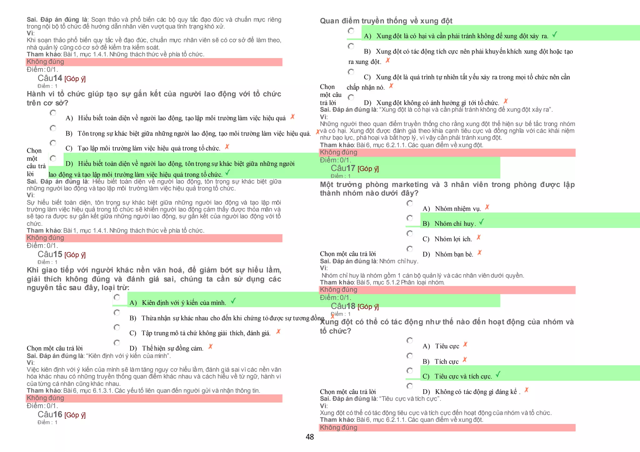 48
Sai. Đáp án đúng là: Soạn thảo và phổ biến các bộ quy tắc đạo đức và chuẩn mực riêng
trong nội bộ tổ chức để hướng dẫn nhân viên vượt qua tình trạng khó xử.
Vì:
Khi soạn thảo phổ biến quy tắc về đạo đức, chuẩn mực nhân viên sẽ có cơ sở để làm theo,
nhà quản lý cũng có cơ sở để kiểm tra kiểm soát.
Tham khảo: Bài1, mục 1.4.1. Những thách thức về phía tổ chức.
Không đúng
Điểm:0/1.
Câu14 [Góp ý]
Điểm : 1
Hành vi tổ chức giúp tạo sự gắn kết của người lao động với tổ chức
trên cơ sở?
Chọn
một
câu trả
lời
 A) Hiểu biết toàn diện về người lao động, tạo lập môi trường làm việc hiệu quả
 B) Tôn trọng sự khác biệt giữa những người lao động, tạo môi trường làm việc hiệu quả.
 C) Tạo lập môi trường làm việc hiệu quả trong tổ chức.
 D) Hiểu biết toàn diện về người lao động, tôn trọng sự khác biệt giữa những người
 lao động và tạo lập môi trường làm việc hiệu quả trong tổ chức.
Sai. Đáp án đúng là: Hiểu biết toàn diện về người lao động, tôn trọng sự khác biệt giữa
những người lao động và tạo lập môi trường làm việc hiệu quả trong tổ chức.
Vì:
Sự hiểu biết toàn diện, tôn trọng sự khác biệt giữa những người lao động và tạo lập môi
trường làm việc hiệu quả trong tổ chức sẽ khiến người lao động cảm thấy được thỏa mãn và
sẽ tạo ra được sự gắn kết giữa những người lao động, sự gắn kết của người lao động với tổ
chức.
Tham khảo: Bài1, mục 1.4.1. Những thách thức về phía tổ chức.
Không đúng
Điểm:0/1.
Câu15 [Góp ý]
Điểm : 1
Khi giao tiếp với người khác nền văn hoá, để giảm bớt sự hiểu lầm,
giải thích không đúng và đánh giá sai, chúng ta cần sử dụng các
nguyên tắc sau đây, loại trừ:
Chọn một câu trả lời
 A) Kiên định với ý kiến của mình.
 B) Thừanhận sự khác nhau cho đến khi chứng tỏ được sự tương đồng.
 C) Tập trung mô tả chứ không giải thích, đánh giá.
 D) Thểhiện sự đồng cảm.
Sai. Đáp án đúng là: “Kiên định với ý kiến của mình”.
Vì:
Việc kiên định với ý kiến của mình sẽ làm tăng nguy cơ hiểu lầm, đánh giá sai vì các nền văn
hóa khác nhau có những truyền thống quan điểm khác nhau và cách hiểu về từ ngữ, hành vi
của từng cá nhân cũng khác nhau.
Tham khảo: Bài6, mục 6.1.3.1. Các yếu tố liên quan đến người gửi và nhận thông tin.
Không đúng
Điểm:0/1.
Câu16 [Góp ý]
Điểm : 1
Quan điểm truyền thống về xung đột
Chọn
một câu
trả lời
 A) Xung đột là có hại và cần phải tránh không để xung đột xảy ra.
 B) Xung đột có tác động tích cực nên phải khuyến khích xung đột hoặc tạo
 ra xung đột.
 C) Xung đột là quá trình tự nhiên tất yếu xảy ra trong mọi tổ chức nên cần
 chấp nhận nó.
 D) Xung đột không có ảnh hưởng gì tới tổ chức.
Sai. Đáp án đúng là: “Xung đột là có hại và cần phải tránh không để xung đột xảy ra”.
Vì:
Những người theo quan điểm truyền thống cho rằng xung đột thể hiện sự bế tắc trong nhóm
và có hại. Xung đột được đánh giá theo khía cạnh tiêu cực và đồng nghĩa với các khái niệm
như bạo lực, phá hoại và bất hợp lý, vì vậy cần phải tránh xung đột.
Tham khảo: Bài6, mục 6.2.1.1. Các quan điểm về xung đột.
Không đúng
Điểm:0/1.
Câu17 [Góp ý]
Điểm : 1
Một trưởng phòng marketing và 3 nhân viên trong phòng được lập
thành nhóm nào dưới đây?
Chọn một câu trả lời
 A) Nhóm nhiệm vụ.
 B) Nhóm chỉ huy.
 C) Nhóm lợi ích.
 D) Nhóm bạn bè.
Sai. Đáp án đúng là: Nhóm chỉhuy.
Vì:
Nhóm chỉ huy là nhóm gồm 1 cán bộ quản lý và các nhân viên dưới quyền.
Tham khảo: Bài5, mục 5.1.2 Phân loại nhóm.
Không đúng
Điểm:0/1.
Câu18 [Góp ý]
Điểm : 1
Xung đột có thể có tác động như thế nào đến hoạt động của nhóm và
tổ chức?
Chọn một câu trả lời
 A) Tiêu cực
 B) Tích cực
 C) Tiêu cực và tích cực.
 D) Không có tác động gì đáng kể .
Sai. Đáp án đúng là: “Tiêu cực và tích cực”.
Vì:
Xung đột có thể có tác động tiêu cực và tích cực đến hoạt động của nhóm và tổ chức.
Tham khảo: Bài6, mục 6.2.1.1. Các quan điểm về xung đột.
Không đúng
 