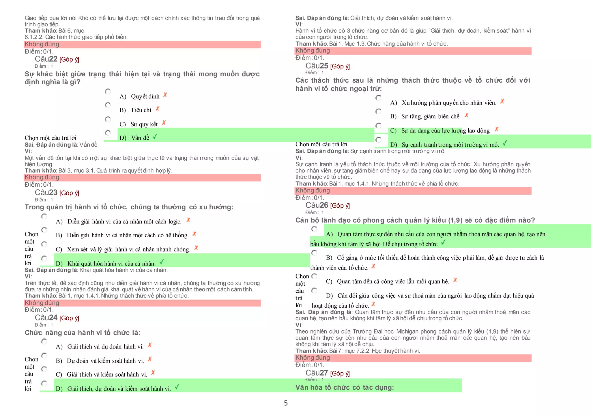 5
Giao tiếp qua lời nói Khó có thể lưu lại được một cách chính xác thông tin trao đổi trong quá
trình giao tiếp.
Tham khảo: Bài6, mục
6.1.2.2. Các hình thức giao tiếp phổ biến.
Không đúng
Điểm:0/1.
Câu22 [Góp ý]
Điểm : 1
Sự khác biệt giữa trạng thái hiện tại và trạng thái mong muốn được
định nghĩa là gì?
Chọn một câu trả lời
 A) Quyết định
 B) Tiêu chí
 C) Sự quy kết
 D) Vấn đề
Sai. Đáp án đúng là: Vấn đề
Vì:
Một vấn đề tồn tại khi có một sự khác biệt giữa thực tế và trạng thái mong muốn của sự vật,
hiện tượng.
Tham khảo: Bài3, mục 3.1. Quá trình ra quyết định hợp lý.
Không đúng
Điểm:0/1.
Câu23 [Góp ý]
Điểm : 1
Trong quản trị hành vi tổ chức, chúng ta thường có xu hướng:
Chọn
một
câu
trả
lời
 A) Diễn giải hành vi của cá nhân một cách logic.
 B) Diễn giải hành vi cá nhân một cách có hệ thống.
 C) Xem xét và lý giải hành vi cá nhân nhanh chóng.
 D) Khái quát hóa hành vi của cá nhân.
Sai. Đáp án đúng là: Khái quát hóa hành vi của cá nhân.
Vì:
Trên thực tế, để xác định cũng như diễn giải hành vi cá nhân, chúng ta thường có xu hướng
đưa ra những nhìn nhận đánh giá khái quát về hành vi của cá nhân theo một cách cảm tính.
Tham khảo: Bài1, mục 1.4.1. Những thách thức về phía tổ chức.
Không đúng
Điểm:0/1.
Câu24 [Góp ý]
Điểm : 1
Chức năng của hành vi tổ chức là:
Chọn
một
câu
trả
lời
 A) Giải thích và dự đoán hành vi.
 B) Dự đoán và kiểm soát hành vi.
 C) Giải thích và kiểm soát hành vi.
 D) Giải thích, dự đoán và kiểm soát hành vi.
Sai. Đáp án đúng là: Giải thích, dự đoán và kiểm soát hành vi.
Vì:
Hành vi tổ chức có 3 chức năng cơ bản đó là giúp "Giải thích, dự đoán, kiểm soát" hành vi
của con người trong tổ chức.
Tham khảo: Bài1. Mục 1.3. Chức năng của hành vi tổ chức.
Không đúng
Điểm:0/1.
Câu25 [Góp ý]
Điểm : 1
Các thách thức sau là những thách thức thuộc về tổ chức đối với
hành vi tổ chức ngoại trừ:
Chọn một câu trả lời
 A) Xu hướng phân quyền cho nhân viên.
 B) Sự tăng, giảm biên chế.
 C) Sự đa dạng của lực lượng lao động.
 D) Sự cạnh tranh trong môi trường vi mô.
Sai. Đáp án đúng là: Sự cạnh tranh trong môi trường vi mô
Vì:
Sự cạnh tranh là yếu tố thách thức thuộc về môi trường của tổ chức. Xu hướng phân quyền
cho nhân viên, sự tăng giảm biên chế hay sự đa dạng của lực lượng lao động là những thách
thức thuộc về tổ chức.
Tham khảo: Bài1, mục 1.4.1. Những thách thức về phía tổ chức.
Không đúng
Điểm:0/1.
Câu26 [Góp ý]
Điểm : 1
Cán bộ lãnh đạo có phong cách quản lý kiểu (1,9) sẽ có đặc điểm nào?
Chọn
một
câu
trả
lời
 A) Quan tâm thựcsự đến nhu cầu của con người nhằm thoả mãn các quan hệ, tạo nên
 bầu không khí tâm lý xã hội Dễ chịu trong tổ chức.
 B) Cố gắng ở mức tối thiểu để hoàn thành công việc phải làm, để giữ được tư cách là
 thành viên của tổ chức.
 C) Quan tâm đến cả công việc lẫn mối quan hệ.
 D) Cân đối giữa công việc và sự thoả mãn của người lao động nhằm đạt hiệu quả
 hoạt động của tổ chức.
Sai. Đáp án đúng là: Quan tâm thực sự đến nhu cầu của con người nhằm thoả mãn các
quan hệ, tạo nên bầu không khí tâm lý xã hội dễ chịu trong tổ chức.
Vì:
Theo nghiên cứu của Trường Đại học Michigan phong cách quản lý kiểu (1,9) thể hiện sự
quan tâm thực sự đến nhu cầu của con người nhằm thoả mãn các quan hệ, tạo nên bầu
không khí tâm lý xã hội dễ chịu.
Tham khảo: Bài7, mục 7.2.2. Học thuyết hành vi.
Không đúng
Điểm:0/1.
Câu27 [Góp ý]
Điểm : 1
Văn hóa tổ chức có tác dụng:
 