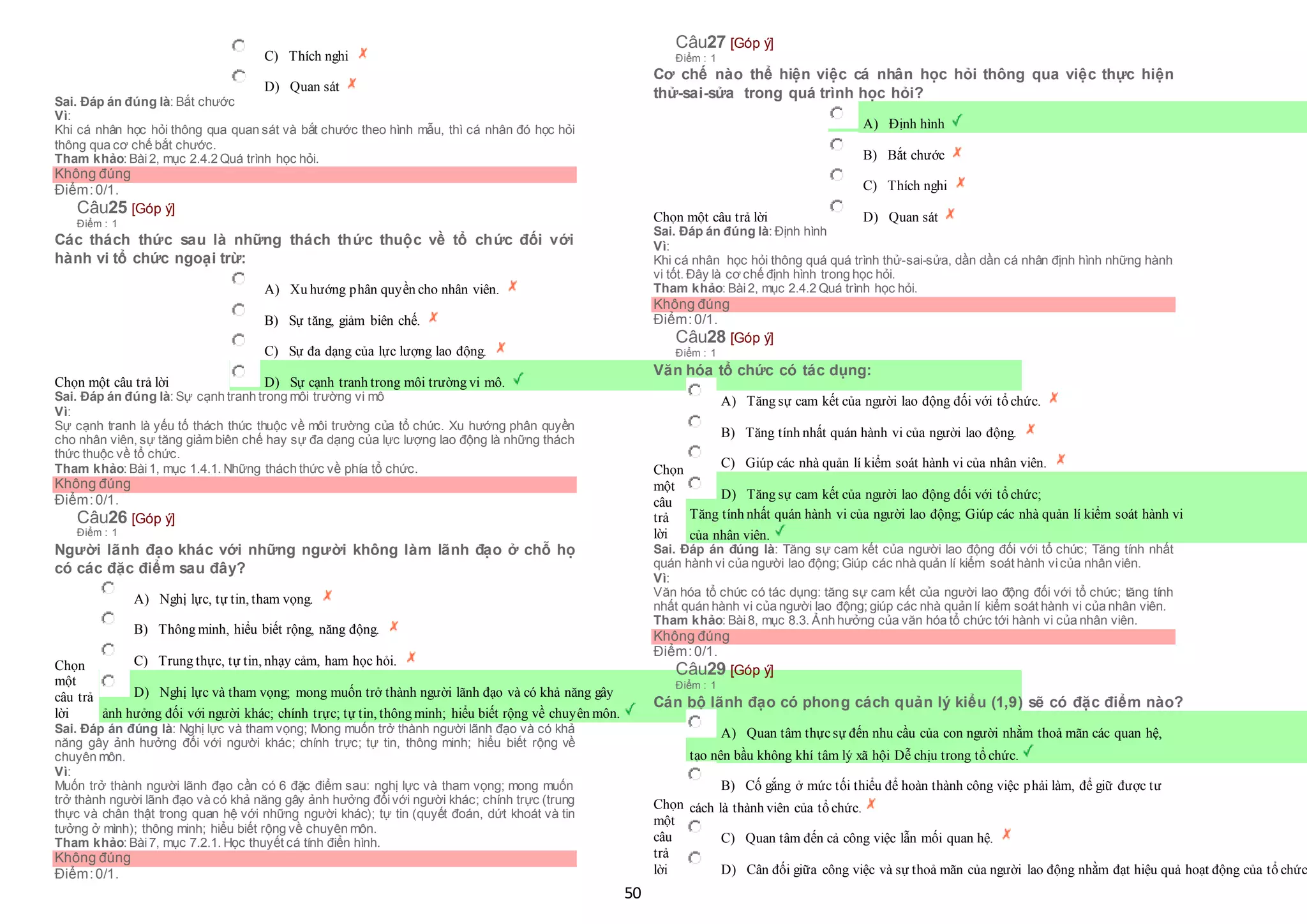 50
 C) Thích nghi
 D) Quan sát
Sai. Đáp án đúng là: Bắt chước
Vì:
Khi cá nhân học hỏi thông qua quan sát và bắt chước theo hình mẫu, thì cá nhân đó học hỏi
thông qua cơ chế bắt chước.
Tham khảo: Bài2, mục 2.4.2 Quá trình học hỏi.
Không đúng
Điểm:0/1.
Câu25 [Góp ý]
Điểm : 1
Các thách thức sau là những thách thức thuộc về tổ chức đối với
hành vi tổ chức ngoại trừ:
Chọn một câu trả lời
 A) Xu hướng phân quyền cho nhân viên.
 B) Sự tăng, giảm biên chế.
 C) Sự đa dạng của lực lượng lao động.
 D) Sự cạnh tranh trong môi trường vi mô.
Sai. Đáp án đúng là: Sự cạnh tranh trong môi trường vi mô
Vì:
Sự cạnh tranh là yếu tố thách thức thuộc về môi trường của tổ chức. Xu hướng phân quyền
cho nhân viên, sự tăng giảm biên chế hay sự đa dạng của lực lượng lao động là những thách
thức thuộc về tổ chức.
Tham khảo: Bài1, mục 1.4.1. Những thách thức về phía tổ chức.
Không đúng
Điểm:0/1.
Câu26 [Góp ý]
Điểm : 1
Người lãnh đạo khác với những người không làm lãnh đạo ở chỗ họ
có các đặc điểm sau đây?
Chọn
một
câu trả
lời
 A) Nghị lực, tự tin, tham vọng.
 B) Thông minh, hiểu biết rộng, năng động.
 C) Trung thực, tự tin, nhạy cảm, ham học hỏi.
 D) Nghị lực và tham vọng; mong muốn trở thành người lãnh đạo và có khả năng gây
 ảnh hưởng đối với người khác; chính trực; tự tin, thông minh; hiểu biết rộng về chuyên môn.
Sai. Đáp án đúng là: Nghị lực và tham vọng; Mong muốn trở thành người lãnh đạo và có khả
năng gây ảnh hưởng đối với người khác; chính trực; tự tin, thông minh; hiểu biết rộng về
chuyên môn.
Vì:
Muốn trở thành người lãnh đạo cần có 6 đặc điểm sau: nghị lực và tham vọng; mong muốn
trở thành người lãnh đạo và có khả năng gây ảnh hưởng đốivới người khác; chính trực (trung
thực và chân thật trong quan hệ với những người khác); tự tin (quyết đoán, dứt khoát và tin
tưởng ở mình); thông minh; hiểu biết rộng về chuyên môn.
Tham khảo: Bài7, mục 7.2.1. Học thuyết cá tính điển hình.
Không đúng
Điểm:0/1.
Câu27 [Góp ý]
Điểm : 1
Cơ chế nào thể hiện việc cá nhân học hỏi thông qua việc thực hiện
thử-sai-sửa trong quá trình học hỏi?
Chọn một câu trả lời
 A) Định hình
 B) Bắt chước
 C) Thích nghi
 D) Quan sát
Sai. Đáp án đúng là: Định hình
Vì:
Khi cá nhân học hỏi thông quá quá trình thử-sai-sửa, dần dần cá nhân định hình những hành
vi tốt. Đây là cơ chế định hình trong học hỏi.
Tham khảo: Bài2, mục 2.4.2 Quá trình học hỏi.
Không đúng
Điểm:0/1.
Câu28 [Góp ý]
Điểm : 1
Văn hóa tổ chức có tác dụng:
Chọn
một
câu
trả
lời
 A) Tăng sự cam kết của người lao động đối với tổ chức.
 B) Tăng tính nhất quán hành vi của người lao động.
 C) Giúp các nhà quản lí kiểm soát hành vi của nhân viên.
 D) Tăng sự cam kết của người lao động đối với tổ chức;
 Tăng tính nhất quán hành vi của người lao động; Giúp các nhà quản lí kiểm soát hành vi
 của nhân viên.
Sai. Đáp án đúng là: Tăng sự cam kết của người lao động đối với tổ chức; Tăng tính nhất
quán hành vi của người lao động; Giúp các nhà quản lí kiểm soát hành vicủa nhân viên.
Vì:
Văn hóa tổ chức có tác dụng: tăng sự cam kết của người lao động đối với tổ chức; tăng tính
nhất quán hành vi của người lao động; giúp các nhà quản lí kiểm soát hành vi của nhân viên.
Tham khảo: Bài8, mục 8.3. Ảnh hưởng của văn hóa tổ chức tới hành vi của nhân viên.
Không đúng
Điểm:0/1.
Câu29 [Góp ý]
Điểm : 1
Cán bộ lãnh đạo có phong cách quản lý kiểu (1,9) sẽ có đặc điểm nào?
Chọn
một
câu
trả
lời
 A) Quan tâm thựcsự đến nhu cầu của con người nhằm thoả mãn các quan hệ,
 tạo nên bầu không khí tâm lý xã hội Dễ chịu trong tổ chức.
 B) Cố gắng ở mức tối thiểu để hoàn thành công việc phải làm, để giữ được tư
 cách là thành viên của tổ chức.
 C) Quan tâm đến cả công việc lẫn mối quan hệ.
 D) Cân đối giữa công việc và sự thoả mãn của người lao động nhằm đạt hiệu quả hoạt động của tổ chức
 