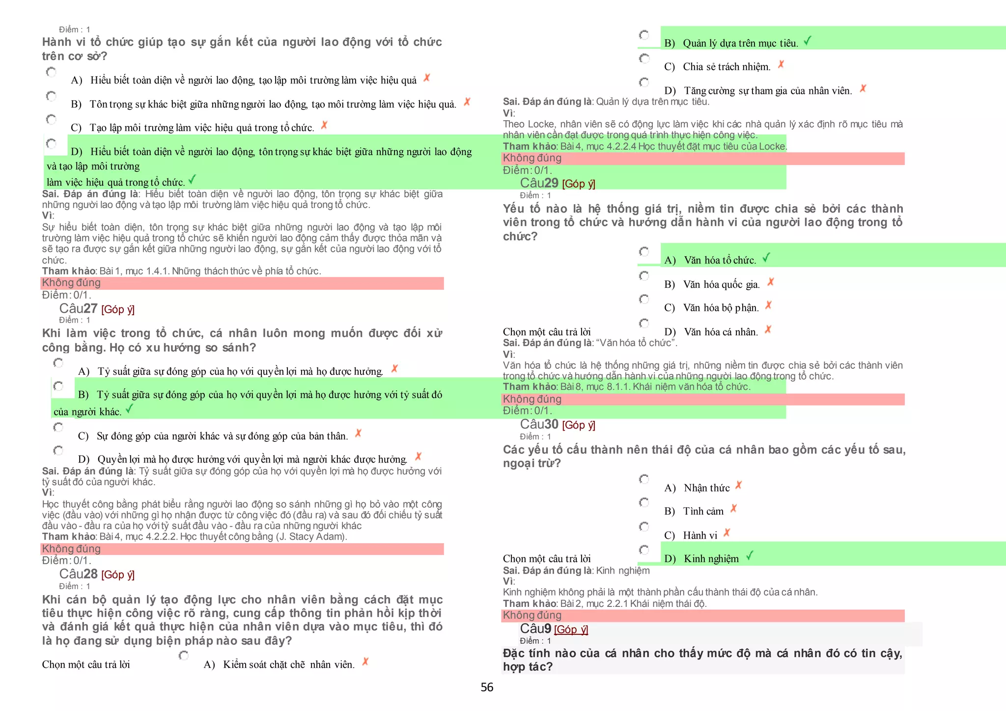 56
Điểm : 1
Hành vi tổ chức giúp tạo sự gắn kết của người lao động với tổ chức
trên cơ sở?
 A) Hiểu biết toàn diện về người lao động, tạo lập môi trường làm việc hiệu quả
 B) Tôn trọng sự khác biệt giữa những người lao động, tạo môi trường làm việc hiệu quả.
 C) Tạo lập môi trường làm việc hiệu quả trong tổ chức.
 D) Hiểu biết toàn diện về người lao động, tôn trọng sự khác biệt giữa những người lao động
 và tạo lập môi trường
 làm việc hiệu quả trong tổ chức.
Sai. Đáp án đúng là: Hiểu biết toàn diện về người lao động, tôn trọng sự khác biệt giữa
những người lao động và tạo lập môi trường làm việc hiệu quả trong tổ chức.
Vì:
Sự hiểu biết toàn diện, tôn trọng sự khác biệt giữa những người lao động và tạo lập môi
trường làm việc hiệu quả trong tổ chức sẽ khiến người lao động cảm thấy được thỏa mãn và
sẽ tạo ra được sự gắn kết giữa những người lao động, sự gắn kết của người lao động với tổ
chức.
Tham khảo: Bài1, mục 1.4.1. Những thách thức về phía tổ chức.
Không đúng
Điểm:0/1.
Câu27 [Góp ý]
Điểm : 1
Khi làm việc trong tổ chức, cá nhân luôn mong muốn được đối xử
công bằng. Họ có xu hướng so sánh?
 A) Tỷ suất giữa sự đóng góp của họ với quyền lợi mà họ được hưởng.
 B) Tỷ suất giữa sự đóng góp của họ với quyền lợi mà họ được hưởng với tỷ suất đó
 của người khác.
 C) Sự đóng góp của người khác và sự đóng góp của bản thân.
 D) Quyền lợi mà họ được hưởng với quyền lợi mà người khác được hưởng.
Sai. Đáp án đúng là: Tỷ suất giữa sự đóng góp của họ với quyền lợi mà họ được hưởng với
tỷ suất đó của người khác.
Vì:
Học thuyết công bằng phát biểu rằng người lao động so sánh những gì họ bỏ vào một công
việc (đầu vào) với những gì họ nhận được từ công việc đó (đầu ra) và sau đó đối chiếu tỷ suất
đầu vào - đầu ra của họ vớitỷ suất đầu vào - đầu ra của những người khác
Tham khảo: Bài4, mục 4.2.2.2. Học thuyết công bằng (J. Stacy Adam).
Không đúng
Điểm:0/1.
Câu28 [Góp ý]
Điểm : 1
Khi cán bộ quản lý tạo động lực cho nhân viên bằng cách đặt mục
tiêu thực hiện công việc rõ ràng, cung cấp thông tin phản hồi kịp thời
và đánh giá kết quả thực hiện của nhân viên dựa vào mục tiêu, thì đó
là họ đang sử dụng biện pháp nào sau đây?
Chọn một câu trả lời  A) Kiểm soát chặt chẽ nhân viên.
 B) Quản lý dựa trên mục tiêu.
 C) Chia sẻ trách nhiệm.
 D) Tăng cường sự tham gia của nhân viên.
Sai. Đáp án đúng là: Quản lý dựa trên mục tiêu.
Vì:
Theo Locke, nhân viên sẽ có động lực làm việc khi các nhà quản lý xác định rõ mục tiêu mà
nhân viên cần đạt được trong quá trình thực hiện công việc.
Tham khảo: Bài4, mục 4.2.2.4 Học thuyết đặt mục tiêu của Locke.
Không đúng
Điểm:0/1.
Câu29 [Góp ý]
Điểm : 1
Yếu tố nào là hệ thống giá trị, niềm tin được chia sẻ bởi các thành
viên trong tổ chức và hướng dẫn hành vi của người lao động trong tổ
chức?
Chọn một câu trả lời
 A) Văn hóa tổ chức.
 B) Văn hóa quốc gia.
 C) Văn hóa bộ phận.
 D) Văn hóa cá nhân.
Sai. Đáp án đúng là: “Văn hóa tổ chức”.
Vì:
Văn hóa tổ chức là hệ thống những giá trị, những niềm tin được chia sẻ bởi các thành viên
trong tổ chức và hướng dẫn hành vi của những người lao động trong tổ chức.
Tham khảo: Bài8, mục 8.1.1. Khái niệm văn hóa tổ chức.
Không đúng
Điểm:0/1.
Câu30 [Góp ý]
Điểm : 1
Các yếu tố cấu thành nên thái độ của cá nhân bao gồm các yếu tố sau,
ngoại trừ?
Chọn một câu trả lời
 A) Nhận thức
 B) Tình cảm
 C) Hành vi
 D) Kinh nghiệm
Sai. Đáp án đúng là: Kinh nghiệm
Vì:
Kinh nghiệm không phải là một thành phần cấu thành thái độ của cá nhân.
Tham khảo: Bài2, mục 2.2.1 Khái niệm thái độ.
Không đúng
Câu9 [Góp ý]
Điểm : 1
Đặc tính nào của cá nhân cho thấy mức độ mà cá nhân đó có tin cậy,
hợp tác?
 