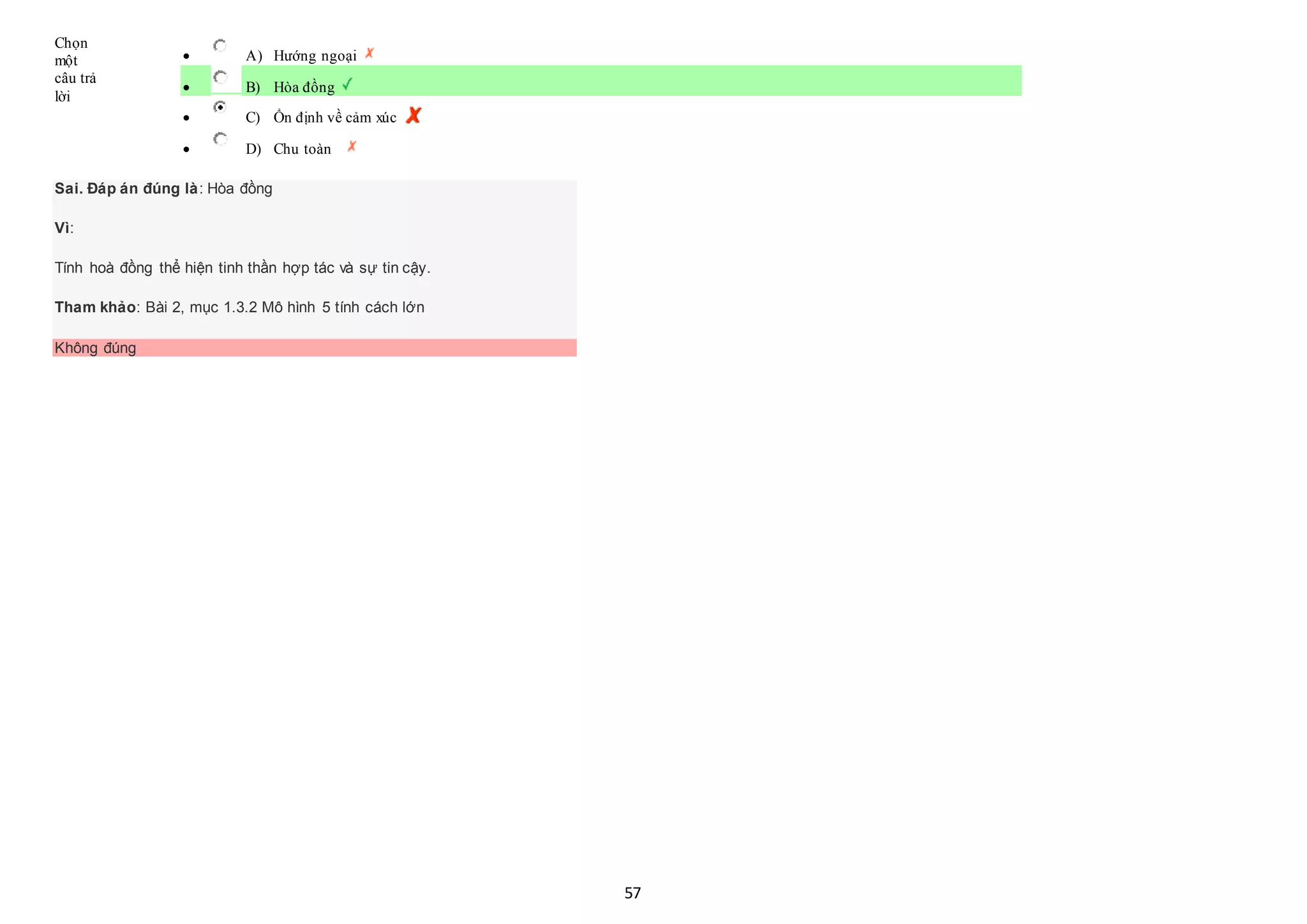 57
Chọn
một
câu trả
lời
 A) Hướng ngoại
 B) Hòa đồng
 C) Ổn định về cảm xúc
 D) Chu toàn
Sai. Đáp án đúng là: Hòa đồng
Vì:
Tính hoà đồng thể hiện tinh thần hợp tác và sự tin cậy.
Tham khảo: Bài 2, mục 1.3.2 Mô hình 5 tính cách lớn
Không đúng
 