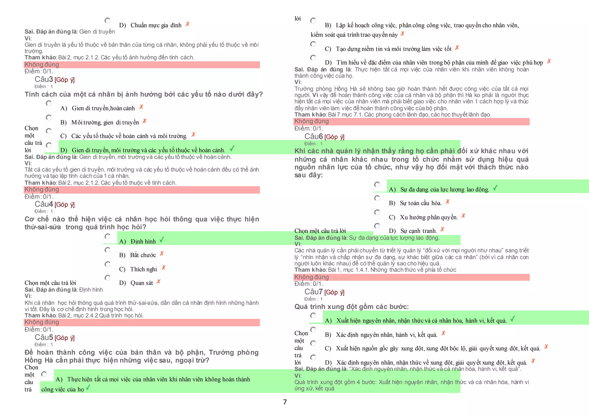 7
 D) Chuẩn mực gia đình
Sai. Đáp án đúng là: Gien di truyền
Vì:
Gien di truyền là yếu tố thuộc về bản thân của từng cá nhân, không phải yếu tố thuộc về môi
trường.
Tham khảo: Bài2, mục 2.1.2. Các yếu tố ảnh hưởng đến tính cách.
Không đúng
Điểm:0/1.
Câu3 [Góp ý]
Điểm : 1
Tính cách của một cá nhân bị ảnh hưởng bởi các yếu tố nào dưới đây?
Chọn
một
câu trả
lời
 A) Gien di truyền,hoàn cảnh
 B) Môitrường, gien di truyền
 C) Các yếu tố thuộc về hoàn cảnh và môi trường.
 D) Gien di truyền, môi trường và các yếu tố thuộc về hoàn cảnh.
Sai. Đáp án đúng là: Gien di truyền, môi trường và các yếu tố thuộc về hoàn cảnh.
Vì:
Tất cả các yếu tố gien di truyền, môi trường và các yếu tố thuộc về hoàn cảnh đều có thể ảnh
hưởng và tạo lập tính cách của 1 cá nhân.
Tham khảo: Bài2, mục 2.1.2. Các yếu tố thuộc về tính cách.
Không đúng
Điểm:0/1.
Câu4 [Góp ý]
Điểm : 1
Cơ chế nào thể hiện việc cá nhân học hỏi thông qua việc thực hiện
thử-sai-sửa trong quá trình học hỏi?
Chọn một câu trả lời
 A) Định hình
 B) Bắt chước
 C) Thích nghi
 D) Quan sát
Sai. Đáp án đúng là: Định hình
Vì:
Khi cá nhân học hỏi thông quá quá trình thử-sai-sửa, dần dần cá nhân định hình những hành
vi tốt. Đây là cơ chế định hình trong học hỏi.
Tham khảo: Bài2, mục 2.4.2 Quá trình học hỏi.
Không đúng
Điểm:0/1.
Câu5 [Góp ý]
Điểm : 1
Để hoàn thành công việc của bản thân và bộ phận, Trưởng phòng
Hồng Hà cần phải thực hiện những việc sau, ngoại trừ?
Chọn
một
câu
trả
 A) Thựchiện tất cả mọi việc của nhân viên khi nhân viên không hoàn thành
 công việc của họ
lời
 B) Lập kế hoạch công việc, phân công công việc, trao quyền cho nhân viên,
 kiểm soát quá trình trao quyền này
 C) Tạo dựng niềm tin và môi trường làm việc tốt
 D) Tìm hiểu về đặc điểm của nhân viên trong bộ phận của mình để giao việc phù hợp
Sai. Đáp án đúng là: Thực hiện tất cả mọi việc của nhân viên khi nhân viên không hoàn
thành công việc của họ.
Vì:
Trưởng phòng Hồng Hà sẽ không bao giờ hoàn thành hết được công việc của tất cả mọi
người. Vì vậy để hoàn thành công việc của cá nhân và bộ phận thì Hà ko phải là người thực
hiện tất cả mọi việc của nhân viên mà phải biết giao việc cho nhân viên 1 cách hợp lý và thúc
đẩy nhân viên làm việc để hoàn thành công việc của bộ phận.
Tham khảo: Bài7 mục 7.1. Các phong cách lãnh đạo, các học thuyết lãnh đạo.
Không đúng
Điểm:0/1.
Câu6 [Góp ý]
Điểm : 1
Khi các nhà quản lý nhận thấy rằng họ cần phải đối xử khác nhau với
những cá nhân khác nhau trong tổ chức nhằm sử dụng hiệu quả
nguồn nhân lực của tổ chức, như vậy họ đối mặt với thách thức nào
sau đây:
Chọn một câu trả lời
 A) Sự đa dạng của lực lượng lao động.
 B) Sự toàn cầu hóa.
 C) Xu hướng phân quyền.
 D) Sự cạnh tranh.
Sai. Đáp án đúng là: Sự đa dạng của lực lượng lao động.
Vì:
Các nhà quản lý cần phảichuyển từ triết lý quản lý “đốixử với mọi người như nhau” sang triết
lý “nhìn nhận và chấp nhận sự đa dạng, sự khác biệt giữa các cá nhân” (bởi vì cá nhân con
người luôn khác nhau) để có thể quản lý sao cho hiệu quả.
Tham khảo: Bài1, mục 1.4.1. Những thách thức về phía tổ chức
Không đúng
Điểm:0/1.
Câu7 [Góp ý]
Điểm : 1
Quá trình xung đột gồm các bước:
Chọn
một
câu
trả
lời
 A) Xuất hiện nguyên nhân, nhận thứcvà cá nhân hóa, hành vi, kết quả.
 B) Xác định nguyên nhân, hành vi, kết quả.
 C) Xuất hiện nguồn gốc gây xung đột, xung đột bộc lộ, giải quyết xung đột, kết quả.
 D) Xác định nguyên nhân, nhận thức về xung đột, giải quyết xung đột, kết quả.
Sai. Đáp án đúng là: “Xác định nguyên nhân, nhận thức và cá nhân hóa, hành vi, kết quả”.
Vì:
Quá trình xung đột gồm 4 bước: Xuất hiện nguyên nhân, nhận thức và cá nhân hóa, hành vi
ứng xử, kết quả
 