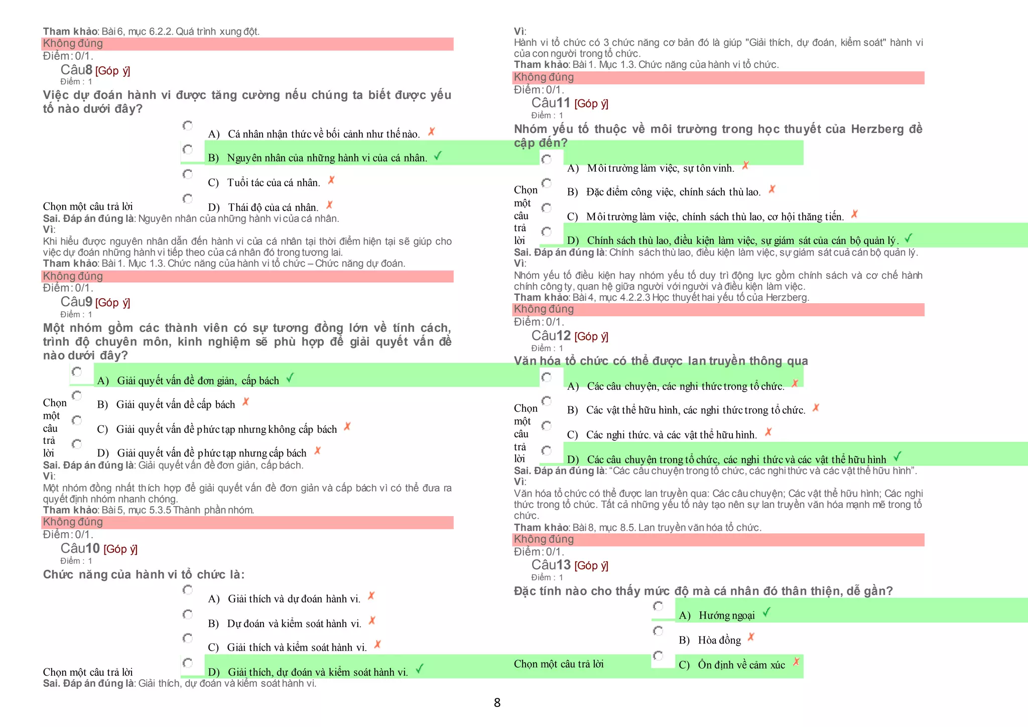 8
Tham khảo: Bài6, mục 6.2.2. Quá trình xung đột.
Không đúng
Điểm:0/1.
Câu8 [Góp ý]
Điểm : 1
Việc dự đoán hành vi được tăng cường nếu chúng ta biết được yếu
tố nào dưới đây?
Chọn một câu trả lời
 A) Cá nhân nhận thứcvề bối cảnh như thếnào.
 B) Nguyên nhân của những hành vi của cá nhân.
 C) Tuổi tác của cá nhân.
 D) Thái độ của cá nhân.
Sai. Đáp án đúng là: Nguyên nhân của những hành vicủa cá nhân.
Vì:
Khi hiểu được nguyên nhân dẫn đến hành vi của cá nhân tại thời điểm hiện tại sẽ giúp cho
việc dự đoán những hành vi tiếp theo của cá nhân đó trong tương lai.
Tham khảo: Bài1. Mục 1.3. Chức năng của hành vi tổ chức – Chức năng dự đoán.
Không đúng
Điểm:0/1.
Câu9 [Góp ý]
Điểm : 1
Một nhóm gồm các thành viên có sự tương đồng lớn về tính cách,
trình độ chuyên môn, kinh nghiệm sẽ phù hợp để giải quyết vấn đề
nào dưới đây?
Chọn
một
câu
trả
lời
 A) Giải quyết vấn đề đơn giản, cấp bách
 B) Giải quyết vấn đề cấp bách
 C) Giải quyết vấn đề phứctạp nhưng không cấp bách
 D) Giải quyết vấn đề phứctạp nhưng cấp bách
Sai. Đáp án đúng là: Giải quyết vấn đề đơn giản, cấp bách.
Vì:
Một nhóm đồng nhất thích hợp để giải quyết vấn đề đơn giản và cấp bách vì có thể đưa ra
quyết định nhóm nhanh chóng.
Tham khảo: Bài5, mục 5.3.5 Thành phần nhóm.
Không đúng
Điểm:0/1.
Câu10 [Góp ý]
Điểm : 1
Chức năng của hành vi tổ chức là:
Chọn một câu trả lời
 A) Giải thích và dự đoán hành vi.
 B) Dự đoán và kiểm soát hành vi.
 C) Giải thích và kiểm soát hành vi.
 D) Giải thích, dự đoán và kiểm soát hành vi.
Sai. Đáp án đúng là: Giải thích, dự đoán và kiểm soát hành vi.
Vì:
Hành vi tổ chức có 3 chức năng cơ bản đó là giúp "Giải thích, dự đoán, kiểm soát" hành vi
của con người trong tổ chức.
Tham khảo: Bài1. Mục 1.3. Chức năng của hành vi tổ chức.
Không đúng
Điểm:0/1.
Câu11 [Góp ý]
Điểm : 1
Nhóm yếu tố thuộc về môi trường trong học thuyết của Herzberg đề
cập đến?
Chọn
một
câu
trả
lời
 A) Môitrường làm việc, sự tôn vinh.
 B) Đặc điểm công việc, chính sách thù lao.
 C) Môitrường làm việc, chính sách thù lao, cơ hội thăng tiến.
 D) Chính sách thù lao, điều kiện làm việc, sự giám sát của cán bộ quản lý.
Sai. Đáp án đúng là: Chính sách thù lao, điều kiện làm việc, sựgiám sát cuả cán bộ quản lý.
Vì:
Nhóm yếu tố điều kiện hay nhóm yếu tố duy trì động lực gồm chính sách và cơ chế hành
chính công ty, quan hệ giữa người vớingười và điều kiện làm việc.
Tham khảo: Bài4, mục 4.2.2.3 Học thuyết hai yếu tố của Herzberg.
Không đúng
Điểm:0/1.
Câu12 [Góp ý]
Điểm : 1
Văn hóa tổ chức có thể được lan truyền thông qua
Chọn
một
câu
trả
lời
 A) Các câu chuyện, các nghi thứctrong tổ chức.
 B) Các vật thể hữu hình, các nghi thứctrong tổ chức.
 C) Các nghi thức. và các vật thể hữu hình.
 D) Các câu chuyện trong tổ chức, các nghi thứcvà các vật thể hữu hình
Sai. Đáp án đúng là: “Các câu chuyện trong tổ chức, các nghithức và các vật thể hữu hình”.
Vì:
Văn hóa tổ chức có thể được lan truyền qua: Các câu chuyện; Các vật thể hữu hình; Các nghi
thức trong tổ chức. Tất cả những yếu tố này tạo nên sự lan truyền văn hóa mạnh mẽ trong tổ
chức.
Tham khảo: Bài8, mục 8.5. Lan truyền văn hóa tổ chức.
Không đúng
Điểm:0/1.
Câu13 [Góp ý]
Điểm : 1
Đặc tính nào cho thấy mức độ mà cá nhân đó thân thiện, dễ gần?
Chọn một câu trả lời
 A) Hướng ngoại
 B) Hòa đồng
 C) Ổn định về cảm xúc
 