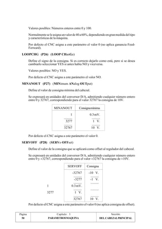 Valores posibles: Números enteros entre 0 y 100. 
Normalmente se le asigna un valor de 40 a 60%, dependiendo en gran medida del tipo 
y características de la máquina. 
Por defecto el CNC asigna a este parámetro el valor 0 (no aplica ganancia Feed- 
Forward). 
LOOPCHG (P26) (LOOP CHanGe) 
Define el signo de la consigna. Si es correcto dejarlo como está, pero si se desea 
cambiarlo seleccionar YES si antes había NO y viceversa. 
Valores posibles: NO y YES. 
Por defecto el CNC asigna a este parámetro el valor NO. 
MINANOUT (P27) (MINimum ANalog OUTput) 
Define el valor de consigna mínima del cabezal. 
Se expresará en unidades del conversor D/A, admitiendo cualquier número entero 
entre 0 y 32767, correspondiendo para el valor 32767 la consigna de 10V. 
MINANOUT Consignamínima 
1 0.3 mV. 
.......... .......... 
3277 1 V. 
.......... .......... 
32767 10 V. 
Por defecto el CNC asigna a este parámetro el valor 0. 
SERVOFF (P28) (SERVo OFFset) 
Define el valor de la consigna que se aplicará como offset al regulador del cabezal. 
Se expresará en unidades del conversor D/A, admitiendo cualquier número entero 
entre 0 y ±32767, correspondiendo para el valor ±32767 la consigna de ±10V. 
SERVOFF Consigna 
-32767 -10 V. 
.......... .......... 
-3277 -1 V. 
.......... .......... 
1 0.3 mV. 
.......... .......... 
3277 1 V. 
.......... .......... 
32767 10 V. 
Por defecto el CNC asigna a este parámetro el valor 0 (no aplica consigna de offset). 
Página Capítulo: 3 Sección: 
50 PARAMETROS MAQUINA DEL CABEZAL PRINCIPAL 
 