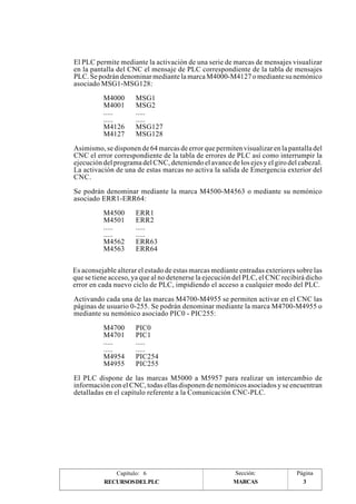El PLC permite mediante la activación de una serie de marcas de mensajes visualizar 
en la pantalla del CNC el mensaje de PLC correspondiente de la tabla de mensajes 
PLC. Se podrán denominar mediante la marca M4000-M4127 o mediante su nemónico 
asociado MSG1-MSG128: 
M4000 MSG1 
M4001 MSG2 
..... ..... 
..... ..... 
M4126 MSG127 
M4127 MSG128 
Asimismo, se disponen de 64 marcas de error que permiten visualizar en la pantalla del 
CNC el error correspondiente de la tabla de errores de PLC así como interrumpir la 
ejecución del programa del CNC, deteniendo el avance de los ejes y el giro del cabezal. 
La activación de una de estas marcas no activa la salida de Emergencia exterior del 
CNC. 
Se podrán denominar mediante la marca M4500-M4563 o mediante su nemónico 
asociado ERR1-ERR64: 
M4500 ERR1 
M4501 ERR2 
..... ..... 
..... ..... 
M4562 ERR63 
M4563 ERR64 
Es aconsejable alterar el estado de estas marcas mediante entradas exteriores sobre las 
que se tiene acceso, ya que al no detenerse la ejecución del PLC, el CNC recibirá dicho 
error en cada nuevo ciclo de PLC, impidiendo el acceso a cualquier modo del PLC. 
Activando cada una de las marcas M4700-M4955 se permiten activar en el CNC las 
páginas de usuario 0-255. Se podrán denominar mediante la marca M4700-M4955 o 
mediante su nemónico asociado PIC0 - PIC255: 
M4700 PIC0 
M4701 PIC1 
..... ..... 
..... ..... 
M4954 PIC254 
M4955 PIC255 
El PLC dispone de las marcas M5000 a M5957 para realizar un intercambio de 
información con el CNC, todas ellas disponen de nemónicos asociados y se encuentran 
detalladas en el capítulo referente a la Comunicación CNC-PLC. 
Capítulo: 6 Sección: Página 
RECURSOS DEL PLC MARCAS 
3 
 