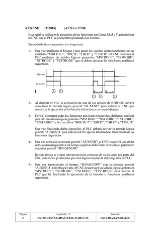 AUXEND (M5016) (AUXiliar END) 
Esta señal se utiliza en la ejecución de las funciones auxiliares M, S y T, para indicar 
al CNC que el PLC se encuentra ejecutando las mismas. 
Su modo de funcionamiento es el siguiente: 
1.- Una vez analizado el bloque y tras pasar los valores correspondientes en las 
variables “MBCD1-7”, “SBCD”, “TBCD” y “T2BCD”, el CNC indicará al 
PLC mediante las salidas lógicas generales “MSTROBE”, “SSTROBE”, 
“TSTROBE” y “T2STROBE” que se deben ejecutar las funciones auxiliares 
requeridas. 
1 
MI-NAENDW 
3 4 
2 
STROBE 
AUXEND 
MI-NAENDW 
5 
2.- Al detectar el PLC la activación de una de las señales de STROBE, deberá 
desactivar la entrada lógica general “AUXEND” para indicar al CNC que 
comienza la ejecución de la función o funciones correspondientes. 
3.- El PLC ejecutará todas las funciones auxiliares requeridas, debiendo analizar 
para ello las salidas lógicas generales “MSTROBE”, “SSTROBE”, “TSTROBE”, 
“T2STROBE” y las variables “MBCD1-7”, “SBCD”, “TBCD” y “T2BCD”. 
Una vez finalizada dicha ejecución, el PLC deberá activar la entrada lógica 
general “AUXEND” para indicar al CNC que ha finalizado el tratamiento de las 
funciones requeridas. 
4.- Una vez activada la entrada general “AUXEND”, el CNC requerirá que dicha 
señal se mantenga activa un tiempo superior al definido mediante el parámetro 
máquina general “MINAENDW”. 
De esta forma se evitan interpretaciones erróneas de dicha señal por parte del 
CNC ante fallos producidos por una lógica incorrecta del programa de PLC. 
5.- Una vez transcurrido el tiempo “MINAENDW” con la entrada general 
“AUXEND” a nivel lógico alto, el CNC desactivará las salidas lógicas generales 
“MSTROBE”, “SSTROBE”, “TSTROBE”, “T2STROBE” para indicar al 
PLC que ha finalizado la ejecución de la función o funciones auxiliares 
requeridas. 
Página Capítulo: 9 Sección: 
6 ENTRADAS Y SALIDAS LOGICAS DEL CNC 
ENTRADASGENERALES 
 