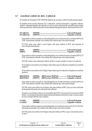 9.7 SALIDAS LOGICAS DEL CABEZAL 
El modelo de fresadora CNC 8050 M dispone de un único cabezal (cabezal principal). 
El modelo torno puede disponer de 2 cabezales, cabezal principal y segundo cabezal. 
Ambos cabezales pueden ser operativos a al vez, pero únicamente se podrá tener control 
sobre uno de ellos. Dicha selección se hace desde el programa pieza, funciones G28 y G29. 
ENABLES (M5950) .......................................................... Cabezal Principal 
ENABLES2 (M5975) .......................................................... Segundo Cabezal 
Esta señal se utiliza cuando se está trabajando con el cabezal en lazo cerrado (M19). El 
CNC únicamente atiende a las señales del cabezal que está seleccionado. 
El CNC pone esta señal a nivel lógico alto para indicar al PLC que permita el 
movimiento del cabezal. 
DIRS (M5951) .......................................................... Cabezal Principal 
DIRS2 (M5976) .......................................................... Segundo Cabezal 
Esta señal se utiliza cuando se está trabajando con el cabezal en lazo cerrado (M19). El 
CNC únicamente atiende a las señales del cabezal que está seleccionado. 
El CNC utiliza esta señal para indicar al PLC en que sentido se mueve el cabezal. 
Si la señal se encuentra a nivel lógico alto indica que el cabezal se desplaza en sentido 
negativo. 
Si la señal se encuentra a nivel lógico bajo indica que el cabezal se desplaza en sentido 
positivo. 
REFPOINS (M5952) (REFerence POINtS) ................. Cabezal Principal 
REFPOIS2 (M5977) (REFerence POINtS) ................. Segundo Cabezal 
Esta señal se utiliza cuando se está trabajando con el cabezal en lazo cerrado (M19). El 
CNC únicamente atiende a las señales del cabezal que está seleccionado. 
El CNC pone esta señal a nivel lógico alto para indicar al PLC que ya se ha realizado 
la búsqueda del punto de referencia del cabezal. 
Se pone a nivel lógico bajo en el encendido del CNC, tras ejecutar la secuencia Shift 
Reset, si se produce alarma de captación por pérdida de memoria y cada vez que se pase 
de lazo cerrado (M19) a lazo abierto. 
CAXIS (M5955) .......................................................... Cabezal Principal 
CAXIS2 (M5980) .......................................................... Segundo Cabezal 
Esta señal se utiliza cuando se está trabajando con el cabezal como eje C (G15). El CNC 
únicamente atiende a las señales del cabezal que está seleccionado. 
El CNC pone esta señal a nivel lógico alto para indicar al PLC que se encuentra activo 
el eje C. 
Capítulo: 9 Sección: Página 
SALIDAS DEL CABEZAL 
ENTRADAS Y SALIDAS LOGICAS DEL CNC 37 
 