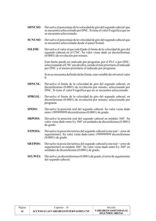SDNCSO: Devuelve el porcentaje de la velocidad de giro del segundo cabezal que 
se encuentra seleccionado por DNC. Si tiene el valor 0 significa que no 
se encuentra seleccionado. 
SCNCSO: Devuelve el porcentaje de la velocidad de giro del segundo cabezal que 
se encuentra seleccionado desde el panel frontal. 
SSLIMI: Devuelve el valor al que está fijado el límite de la velocidad de giro del 
segundo cabezal en el CNC. Su valor viene dado en diezmilésimas 
(0.0001) de revolución por minuto. 
Este límite puede ser indicado por programa, por el PLC o por DNC, 
seleccionando el CNC uno de ellos, siendo el más prioritario el indicado 
por DNC y el menos prioritario el indicado por programa. 
Si no se encuentra definido dicho límite, esta variable devolverá el valor 
0. 
SDNCSL: Devuelve el límite de la velocidad de giro del segundo cabezal, en 
diezmilésimas (0.0001) de revolución por minuto, seleccionado por 
DNC. Si tiene el valor 0 significa que no se encuentra seleccionado. 
SPRGSL: Devuelve el límite de la velocidad de giro del segundo cabezal, en 
diezmilésimas (0.0001) de revolución por minuto, seleccionado por 
programa. 
SPOSS: Devuelve la posición real del segundo cabezal. Su valor viene dado 
entre ±999999999 diezmilésimas (0.0001) de grado. 
SRPOSS: Devuelve la posición real del segundo cabezal en módulo 360°. Su 
valor viene dado entre 0 y 360° en unidades de diezmilésima (0.0001) 
de grado. 
STPOSS: Devuelve la posición teórica del segundo cabezal (cota real + error de 
seguimiento). Su valor viene dado entre ±999999999 diezmilésimas 
(0.0001) de grado. 
SRTPOS: Devuelve la posición teórica del segundo cabezal (cota real + error de 
seguimiento) en módulo 360°. Su valor viene dado entre 0 y 360° en 
unidades de diezmilésima (0.0001) de grado. 
SFLWES: Devuelve, en diezmilésimas (0.0001) de grado, el error de seguimiento 
del segundo cabezal. 
Página Capítulo: 10 Sección: 
16 ACCESO A LAS VARIABLES INTERNAS DEL CNC 
VARIABLES ASOCIADAS AL 
SEGUNDOCABEZAL 
 