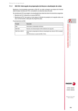 Manual de program a çä o

7.1.1      G04 K0: Interrupção da preparação de blocos e atualização de cotas

        Mediante a funcionalidade associada a G04 K0, se pode conseguir que depois de finalizar
        determinadas manobras de PLC, se atualizem as cotas dos eixos do canal.

        As manobras de PLC que exigem uma atualização das cotas dos eixos do canal são as seguintes:
         • Manobra de PLC utilizando as marcas SWITCH*.
         • Manobras de PLC nas quais um eixo passa a indicador de posição e em seguida volta a ser
           eixo normal durante a execução de programas peça.

        Funcionamento de G04:
                                                                                                                                                  7.
            Função              Descrição




                                                                                                               FUNÇÕES PREPARATÓRIAS ADICIONAIS
                                                                                                                                                  Interromper a preparação de blocos (G04)
            G04                 Interromper a preparação de blocos.

            G04 K50             Executa uma temporização de 50 centésimas de segundo.

            G04 K0 ou G04 K     Interrompe a preparação de blocos e atualização das cotas do CNC à posição
                                atual.
                                (G4 K0 funciona no canal de CNC e PLC).




                                                                                                             CNC 8055
                                                                                                             CNC 8055i



                                                                                                             MODELOS ·M· & ·EN·
                                                                                                               SOFT: V01.3X




                                                                                                                                                  ·105·
 