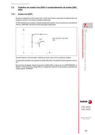 Manual de program a çä o

7.3        Trabalho em aresta viva (G07) e arredondamento de aresta (G05,
           G50)

7.3.1      Aresta viva (G07)

        Quando se trabalha em G07 (aresta viva), o CNC não começa a execução do seguinte bloco do
        programa, até que o eixo atinja a posição programada.

        O CNC entende que se atingiu a posição programada quando o eixo se encontra a uma distancia
        inferior a "INPOSW" (banda de morte) da posição programada.
                                                                                                                                           7.




                                                                                                        FUNÇÕES PREPARATÓRIAS ADICIONAIS

                                                                                                                                                                                                     G50)
                                                                                                                                           Trabalho em aresta viva (G07) e arredondamento de aresta (G05,
                                                                 G91 G01 G07 Y70 F100
                                                                 X90




        Os perfis teórico e real coincidem, obtendo-se cantos vivos, como se observa na figura.

        A função G07 é modal e incompatível com G05, G50 e G51. A função G07 pode programar-se com
        G7.

        No momento da ligação, depois de executar-se M02, M30 ou depois de uma EMERGÊNCIA ou
        RESET, o CNC assumirá o código G05 ou o código G07 conforme se personalize o parâmetro de
        máquina geral "ICORNER"




                                                                                                      CNC 8055
                                                                                                      CNC 8055i



                                                                                                      MODELOS ·M· & ·EN·
                                                                                                        SOFT: V01.3X




                                                                                                                                           ·107·
 