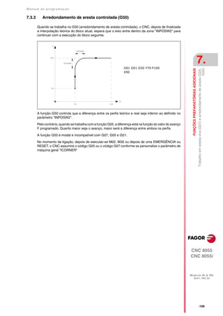 Manual de program a çä o

7.3.3      Arredondamento de aresta controlada (G50)

        Quando se trabalha no G50 (arredondamento de aresta controlada), o CNC, depois de finalizada
        a interpolação teórica do bloco atual, espera que o eixo entre dentro da zona "INPOSW2" para
        continuar com a execução do bloco seguinte.




                                                                                                                                                  7.
                                                                   G91 G01 G50 Y70 F100




                                                                                                               FUNÇÕES PREPARATÓRIAS ADICIONAIS

                                                                                                                                                                                                            G50)
                                                                                                                                                  Trabalho em aresta viva (G07) e arredondamento de aresta (G05,
                                                                   X90




        A função G50 controla que a diferença entre os perfis teórico e real seja inferior ao definido no
        parâmetro "INPOSW2".

        Pelo contrário, quando se trabalha com a função G05, a diferença está na função do valor do avanço
        F programado. Quanto maior seja o avanço, maior será a diferença entre ambos os perfis.

        A função G50 é modal e incompatível com G07, G05 e G51.

        No momento da ligação, depois de executar-se M02, M30 ou depois de uma EMERGÊNCIA ou
        RESET, o CNC assumirá o código G05 ou o código G07 conforme se personalize o parâmetro de
        máquina geral "ICORNER"




                                                                                                             CNC 8055
                                                                                                             CNC 8055i



                                                                                                             MODELOS ·M· & ·EN·
                                                                                                               SOFT: V01.3X




                                                                                                                                                  ·109·
 