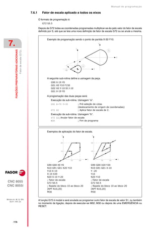 Manual de programaçäo

                                                                     7.6.1      Fator de escala aplicado a todos os eixos

                                                                             O formato de programação é:
                                                                                G72 S5.5

                                                                             Depois de G72 todas as coordenadas programadas multiplicar-se-ão pelo valor do fator de escala
                                                                             definido por S, até que se leia uma nova definição de fator de escala G72 ou se anule a mesma.


                                                                                     Exemplo de programação sendo o ponto de partida X-30 Y10.

 7.
         FUNÇÕES PREPARATÓRIAS ADICIONAIS
                                            Fator de escala (G72).




                                                                                     A seguinte sub-rotina define a usinagem da peça.
                                                                                        G90   X-19 Y0
                                                                                        G01   X0 Y10 F150
                                                                                        G02   X0 Y-10 I0 J-10
                                                                                        G01   X-19 Y0

                                                                                     A programação das duas peças será:
                                                                                        Execução da sub-rotina. Usinagem "a".
                                                                                        G92 X-79 Y-30           ; Pré-seleção de cotas
                                                                                                                (deslocamento de origem de coordenadas)
                                                                                        G72 S2                  ; Aplica fator de escala de 2.
                                                                                        Execução da sub-rotina. Usinagem "b".
                                                                                        G72 S2; Anular fator de escala
                                                                                        M30                     ; Fim de programa




                                                                                     Exemplos de aplicação do fator de escala.




                                                                                     G90 G00 X0 Y0                          G90 G00 X20 Y20
                                                                                     N10 G91 G01 X20 Y10                    N10 G91 G01 X-10
                                                                                     Y10 X-10                               Y -20
                                                                                     X-10 X20                               Y10
                                                                                     N20 X-10 Y-20                          N20 Y10
                                                                                     ; Fator de escala                      ; Fator de escala
CNC 8055                                                                             G72 S0.5                               G72 S0.5
CNC 8055i                                                                            ; Repete do bloco 10 ao bloco 20       ; Repete do bloco 10 ao bloco 20
                                                                                     (RPT N10,20)                           (RPT N10,20)
                                                                                     M30                                    M30


MODELOS ·M· & ·EN·                                                           A função G72 é modal e será anulada ao programar outro fator de escala de valor S1, ou também
  SOFT: V01.3X
                                                                             no momento da ligação, depois de executar-se M02, M30 ou depois de uma EMERGÊNCIA ou
                                                                             RESET.




      ·116·
 