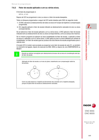 Manual de program a çä o

7.6.2       Fator de escala aplicado a um ou vários eixos.

        O formato de programação é:
            G72 X...C 5.5

        Depois de G72 se programará o eixo ou eixos e o fator de escala desejados.

        Todos os bloques programados a seguir de G72 serão tratados pelo CNC do seguinte modo:
        1. O CNC calculará os deslocamentos de todos os eixos em função da trajetória e compensação
           programada.
        2. Em seguida aplicará o fator de escala indicado ao deslocamento calculado do eixo ou eixos
           correspondentes.
                                                                                                                                                     7.




                                                                                                                  FUNÇÕES PREPARATÓRIAS ADICIONAIS
                                                                                                                                                     Fator de escala (G72).
        Se se seleciona o fator de escala aplicado a um ou vários eixos, o CNC aplicará o fator de escala
        indicado tanto ao deslocamento do eixo ou eixos correspondentes, como ao avanço dos mesmos.

        Se no mesmo programa se aplicam as duas modalidades do fator de escala, o aplicado a todos
        os eixos e o aplicado a um ou vários eixos, o CNC aplica ao eixo ou eixos afetados por ambas as
        modalidades, um fator de escala igual ao produto dos dois fatores de escala programados para o
        referido eixo.

        A função G72 é modal e será anulada ao programar outro fator de escala de valor S1, ou também
        no momento da ligação, depois de executar-se M02, M30 ou depois de uma EMERGÊNCIA ou
        RESET.



        i       Quando se realizam simulações sem deslocamento de eixos não se leva em consideração este tipo
                de fator de escala.



                Aplicação do fator de escala a um eixo do plano, trabalhando com compensação radial da
                ferramenta.




                Como se pode observar a trajetória da ferramenta não coincide com a trajetória desejada,
                porque se aplica fator de escala ao deslocamento calculado.




                                                                                                                CNC 8055
                                                                                                                CNC 8055i



                                                                                                                MODELOS ·M· & ·EN·
                                                                                                                  SOFT: V01.3X




                                                                                                                                                     ·117·
 
