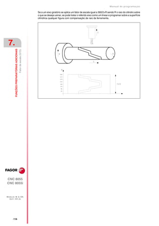 Manual de programaçäo

                                                                     Se a um eixo giratório se aplica um fator de escala igual a 360/2R sendo R o raio do cilindro sobre
                                                                     o que se deseja usinar, se pode tratar o referido eixo como um linear e programar sobre a superfície
                                                                     cilíndrica qualquer figura com compensação de raio da ferramenta.




 7.
         FUNÇÕES PREPARATÓRIAS ADICIONAIS
                                            Fator de escala (G72).




CNC 8055
CNC 8055i



MODELOS ·M· & ·EN·
  SOFT: V01.3X




      ·118·
 