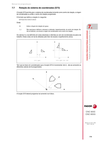 Manual de program a çä o

7.7      Rotação do sistema de coordenadas (G73)

      A função G73 permite girar o sistema de coordenadas tomando como centro de rotação, a origem
      de coordenadas ou então o centro de rotação programado.

      O formato que define a rotação é o seguinte:
         G73 Q+/5.5 I±5.5 J±5.5

      Onde:

          Q

          I, J
                    Indica o ângulo de rotação em graus.

                    São opcionais e definem a abcissa e ordenada, respectivamente, do centro de rotação. Se
                                                                                                                                                   7.




                                                                                                                FUNÇÕES PREPARATÓRIAS ADICIONAIS
                                                                                                                                                   Rotação do sistema de coordenadas (G73)
                    não se definem, se tomará a origem de coordenadas como centro de rotação.

      Os valores I e J se definirão em cotas absolutas e referidas ao zero de coordenadas do plano de
      trabalho. Estas cotas ver-se-ão afetadas pelo fator de escala e espelhamento ativos.




      Tem que se levar em consideração que a função G73 é incremental, isto é, vão-se somando os
      diferentes valores de Q programados.




      A função G73 deverá programar-se somente num bloco.




                                                                                                              CNC 8055
                                                                                                              CNC 8055i



                                                                                                              MODELOS ·M· & ·EN·
                                                                                                                SOFT: V01.3X




                                                                                                                                                   ·119·
 