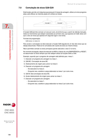 Manual de programaçäo

                                                                         7.9      Comutação de eixos G28-G29

                                                                               Esta função, permite, em máquinas que possuam 2 mesas de usinagem, utilizar um único programa
                                                                               peça, para efetuar as mesmas peças em ambas as mesas.




 7.
                                            Comutação de eixos G28-G29
         FUNÇÕES PREPARATÓRIAS ADICIONAIS




                                                                               A função G28 permite comutar um eixo por outro, de tal forma que, a partir da referida instrução,
                                                                               todos os movimentos que estejam associados ao primeiro eixo, que aparece em G28, farão com
                                                                               que o eixo se mova que aparece em segundo lugar e vice-versa.

                                                                               Formato de programação:
                                                                                  G28 (eixo 1) (eixo 2)

                                                                               Para anular a comutação se deve executar a função G29 seguida de um dos dois eixos que se
                                                                               deseja descomutar. Pode-se ter comutados até 3 pares de eixos ao mesmo tempo.

                                                                               Não é permitido comutar os eixos principais quando está ativo o eixo C no torno.

                                                                               No momento da ligação, depois de executar-se M30 ou depois de uma EMERGÊNCIA ou RESET,
                                                                               se descomutan os eixos sempre que não estejam ativas as funções G48 ou G49.

                                                                               Exemplo, supondo que o programa de usinagem está definido para mesa 1.
                                                                               1. Executar um programa de usinagem na mesa 1.
                                                                               2. G28 BC. Comutação de eixos BC.
                                                                               3. Deslocamento de origem para usinar na mesa 2.
                                                                               4. Executar um programa de usinagem.
                                                                                     Se executará na mesa 2.
                                                                                     Enquanto isso, substituir a peça elaborada na mesa 1 por outra nova.
                                                                               5. G29 B. Des-comutação de eixos BC.
                                                                               6. Anular deslocamento de origem para usinar na mesa 1.
                                                                               7. Executar um programa de usinagem.
                                                                                     Se executará na mesa 1.
                                                                                     Enquanto isso, substituir a peça elaborada na mesa 2 por outra nova.




CNC 8055
CNC 8055i



MODELOS ·M· & ·EN·
  SOFT: V01.3X




      ·124·
 