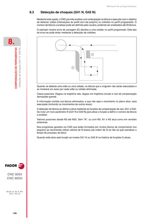 Manual de programaçäo

                                                                           8.3      Detecção de choques (G41 N, G42 N)

                                                                                 Mediante esta opção, o CNC permite analisar com antecipação os blocos a executar com o objetivo
                                                                                 de detectar voltas (interseções do perfil com ele próprio) ou colisões no perfil programado. O
                                                                                 número de blocos a analisar pode ser definido pelo usuário, podendo ser analisados até 50 blocos.

                                                                                 O exemplo mostra erros de usinagem (E) devidos a uma colisão no perfil programado. Este tipo
                                                                                 de erros se pode evitar mediante a detecção de colisões.



 8.
                                      Detecção de choques (G41 N, G42 N)
         COMPENSAÇÃO DE FERRAMENTAS




                                                                                 Quando se detecta uma volta ou uma colisão, os blocos que a originam não serão executados e
                                                                                 se mostrará um aviso por cada volta ou colisão eliminada.

                                                                                 Casos possíveis: Degrau na trajetória reta, degrau em trajetória circular e raio de compensação
                                                                                 demasiado grande.

                                                                                 A informação contida nos blocos eliminados, e que não seja o movimento no plano ativo, será
                                                                                 executada (incluindo os movimentos de outros eixos).

                                                                                 A detecção de blocos se define e ativa mediante as funções de compensação de raio, G41 e G42.
                                                                                 Se inclui um novo parâmetro N (G41 N e G42 N) para ativar a função e definir o número de blocos
                                                                                 a analisar.

                                                                                 Valores possíveis desde N3 até N50. Sem "N", ou com N0, N1 e N2 atua como em versões
                                                                                 anteriores.

                                                                                 Nos programas gerados via CAD que estão formados por muitos blocos de comprimento mui
                                                                                 pequeno se recomenda utilizar valores de N baixos (da ordem de 5) se não se quer penalizar o
                                                                                 tempo de processo de bloco

                                                                                 Quando está ativa esta função se mostra G41 N ou G42 N na história de funções G ativas.




CNC 8055
CNC 8055i



MODELOS ·M· & ·EN·
  SOFT: V01.3X




      ·140·
 