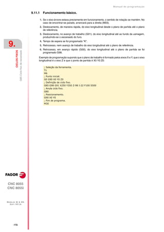 Manual de programaçäo

                                                      9.11.1     Funcionamento básico.

                                                               1. Se o eixo-árvore estava previamente em funcionamento, o sentido de rotação se mantém. No
                                                                  caso de encontrar-se parado, arrancará para a direita (M03).
                                                               2. Deslocamento, de maneira rápida, do eixo longitudinal desde o plano de partida até o plano
                                                                  de referência.
                                                               3. Deslocamento, no avanço de trabalho (G01), do eixo longitudinal até ao fundo da usinagem,
                                                                  produzindo-se o escareado do furo.
                                                               4. Tempo de espera se foi programado "K".
 9.                                                            5. Retrocesso, nem avanço de trabalho do eixo longitudinal até o plano de referência.
                                                               6. Retrocesso, em avanço rápido (G00), do eixo longitudinal até o plano de partida se foi
         CICLOS FIXOS
                        G85 Ciclo fixo de escareado




                                                                  programado G98.

                                                           Exemplo de programação supondo que o plano de trabalho é formado pelos eixos X e Y, que o eixo
                                                           longitudinal é o eixo Z e que o ponto de partida é X0 Y0 Z0:

                                                                  ; Seleção da ferramenta.
                                                                  T1
                                                                  M6
                                                                  ; Punto inicial.
                                                                  G0 G90 X0 Y0 Z0
                                                                  ; Definição de ciclo fixo.
                                                                  G85 G98 G91 X250 Y350 Z-98 I-22 F100 S500
                                                                  ; Anula ciclo fixo.
                                                                  G80
                                                                  ; Posicionamento.
                                                                  G90 X0 Y0
                                                                  ; Fim de programa.
                                                                  M30




CNC 8055
CNC 8055i



MODELOS ·M· & ·EN·
  SOFT: V01.3X




      ·172·
 