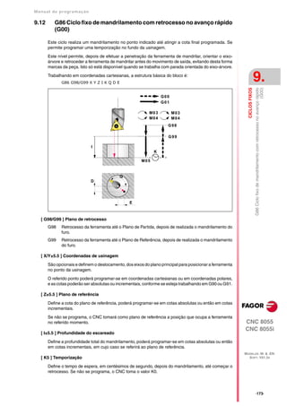 Manual de program a çä o

9.12      G86 Ciclo fixo de mandrilamento com retrocesso no avanço rápido
          (G00)

       Este ciclo realiza um mandrilamento no ponto indicado até atingir a cota final programada. Se
       permite programar uma temporização no fundo da usinagem.

       Este nível permite, depois de efetuar a penetração da ferramenta de mandrilar, orientar o eixo-
       árvore e retroceder a ferramenta de mandrilar antes do movimento de saída, evitando desta forma
       marcas da peça. Isto só está disponível quando se trabalha com parada orientada do eixo-árvore.

       Trabalhando em coordenadas cartesianas, a estrutura básica do bloco é:
              G86 G98/G99 X Y Z I K Q D E
                                                                                                                            9.




                                                                                                                            G86 Ciclo fixo de mandrilamento com retrocesso no avanço rápido
                                                                                                                                                                                      (G00)
                                                                                                             CICLOS FIXOS
                                                                  G00
                                                                  G01

                                                            M03         M03
                                                            M04         M04
                                                                      G98

                                                                      G99

                             I
                                                              K

                                                        M05


                                            Q
                             D




                                                 E



   [ G98/G99 ] Plano de retrocesso
       G98    Retrocesso da ferramenta até o Plano de Partida, depois de realizada o mandrilamento do
              furo.
       G99    Retrocesso da ferramenta até o Plano de Referência, depois de realizada o mandrilamento
              do furo.

   [ X/Y±5.5 ] Coordenadas de usinagem

       São opcionais e definem o deslocamento, dos eixos do plano principal para posicionar a ferramenta
       no ponto da usinagem.

       O referido ponto poderá programar-se em coordenadas cartesianas ou em coordenadas polares,
       e as cotas poderão ser absolutas ou incrementais, conforme se esteja trabalhando em G90 ou G91.

   [ Z±5.5 ] Plano de referência

       Define a cota do plano de referência, poderá programar-se em cotas absolutas ou então em cotas
       incrementais.

       Se não se programa, o CNC tomará como plano de referência a posição que ocupa a ferramenta
       no referido momento.                                                                                CNC 8055
                                                                                                           CNC 8055i
   [ I±5.5 ] Profundidade do escareado

       Define a profundidade total do mandrilamento, poderá programar-se em cotas absolutas ou então
       em cotas incrementais, em cujo caso se referirá ao plano de referência.
                                                                                                           MODELOS ·M· & ·EN·
   [ K5 ] Temporização                                                                                       SOFT: V01.3X

       Define o tempo de espera, em centésimos de segundo, depois do mandrilamento, até começar o
       retrocesso. Se não se programa, o CNC toma o valor K0.




                                                                                                                            ·173·
 