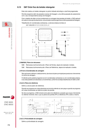 Manual de programaçäo

                                                              9.13      G87 Ciclo fixo do bolsão retangular

                                                                     Este ciclo realiza um bolsão retangular no ponto indicado até atingir a cota final programada.

                                                                     Permite programar além da passada e avanço de fresagem, uma última passada de acabamento
                                                                     com o seu correspondente avanço de fresagem.

                                                                     Com o objetivo de obter um bom acabamento na usinagem das paredes do bolsão, o CNC aplicará
                                                                     em cada um dos aprofundamentos, uma entrada e saída tangenciais à última passada de fresagem.

                                                                     Trabalhando em coordenadas cartesianas, a estrutura básica do bloco é:
 9.                                                                         G87 G98/G99 X Y Z I J K B C D H L V
         CICLOS FIXOS
                        G87 Ciclo fixo do bolsão retangular




                                                                [ G98/G99 ] Plano de retrocesso
                                                                     G98    Retrocesso da ferramenta até o Plano de Partida, depois de realizado o bolsão.
                                                                     G99    Retrocesso da ferramenta até o Plano de Referência, depois de realizado o bolsão.

                                                                [ X/Y±5.5 ] Coordenadas de usinagem

                                                                     São opcionais e definem o deslocamento, dos eixos do plano principal para posicionar a ferramenta
                                                                     no ponto da usinagem.

                                                                     O referido ponto poderá programar-se em coordenadas cartesianas ou em coordenadas polares,
                                                                     e as cotas poderão ser absolutas ou incrementais, conforme se esteja trabalhando em G90 ou G91.

                                                                [ Z±5.5 ] Plano de referência

                                                                     Define a cota do plano de referência.

                                                                     Quando se programa em cotas absolutas se encontra referido ao zero peça e quando se programa
                                                                     em cotas incrementais se referirá ao plano de partida.

                                                                     Se não se programa, o CNC tomará como plano de referência a posição que ocupa a ferramenta
                                                                     no referido momento. Isto é, que os planos de partida (P.P.) e referência (P.R.) serão o mesmo.




CNC 8055
CNC 8055i



MODELOS ·M· & ·EN·
  SOFT: V01.3X



                                                                [ I±5.5 ] Profundidade da usinagem

                                                                     Define a profundidade de usinagem.

      ·176·
 