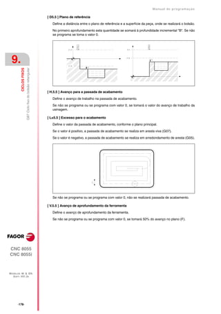 Manual de programaçäo

                                                              [ D5.5 ] Plano de referência

                                                                 Define a distância entre o plano de referência e a superfície da peça, onde se realizará o bolsão.

                                                                 No primeiro aprofundamento esta quantidade se somará à profundidade incremental "B". Se não
                                                                 se programa se toma o valor 0.




 9.
         CICLOS FIXOS
                        G87 Ciclo fixo do bolsão retangular




                                                              [ H.5.5 ] Avanço para a passada de acabamento

                                                                 Define o avanço de trabalho na passada de acabamento.

                                                                 Se não se programa ou se programa com valor 0, se tomará o valor do avanço de trabalho da
                                                                 usinagem.

                                                              [ L±5.5 ] Excesso para o acabamento

                                                                 Define o valor da passada de acabamento, conforme o plano principal.

                                                                 Se o valor é positivo, a passada de acabamento se realiza em aresta viva (G07).

                                                                 Se o valor é negativo, a passada de acabamento se realiza em arredondamento de aresta (G05).




                                                                 Se não se programa ou se programa com valor 0, não se realizará passada de acabamento.

                                                              [ V.5.5 ] Avanço de aprofundamento da ferramenta

                                                                 Define o avanço de aprofundamento da ferramenta.

                                                                 Se não se programa ou se programa com valor 0, se tomará 50% do avanço no plano (F).




CNC 8055
CNC 8055i



MODELOS ·M· & ·EN·
  SOFT: V01.3X




      ·178·
 