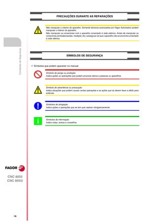PRECAUÇÕES DURANTE AS REPARAÇÕES



                                              Não manipular o interior do aparelho. Somente técnicos autorizados por Fagor Automation podem
                                              manipular o interior do aparelho.
                                              Não manipular os conectores com o aparelho conectado à rede elétrica. Antes de manipular os
                                              conectores (entradas/saídas, medição, etc.) assegurar-se que o aparelho não se encontra conectado
                                              à rede elétrica.
          Condições de Segurança




                                                                   SÍMBOLOS DE SEGURANÇA


                                   • Símbolos que podem aparecer no manual

                                              Símbolo de perigo ou proibição.
                                              Indica ações ou operações que podem provocar danos a pessoas ou aparelhos.




                                              Símbolo de advertência ou precaução.
                                              Indica situações que podem causar certas operações e as ações que se devem levar a efeito para
                                              evitá-las.




                                              Símbolos de obrigação.
                                              Indica ações e operações que se tem que realizar obrigatoriamente.




                                       i      Símbolos de informação.
                                              Indica notas, avisos e conselhos.




CNC 8055
CNC 8055i




   ·18·
 
