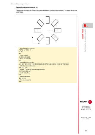 Manual de program a çä o

      Exemplo de programação ·2·
      Presume-se um plano de trabalho formado pelos eixos X e Y, eixo longitudinal Z e o ponto de partida
      é X0 Y0 Z0.




                                                                                                                             9.




                                                                                                              CICLOS FIXOS
                                                                                                                             G87 Ciclo fixo do bolsão retangular
          ; Seleção da ferramenta.
          (TOR1=6, TOI1=0)
          T1 D1
          M6
          ; Punto inicial
          G0 G90 X0 Y0 Z0
          ; Plano de trabalho.
          G18
          ; Definição de ciclo fixo
          N10 G87 G98 X200 Y-48 Z0 I-90 J52.5 K37.5 B12 C10 D2 H100 L5 V50 F300
          ; Rotação de coordenadas
          N20 G73 Q45
          ; Repete 7 vezes os blocos selecionados.
          (RPT N10,N20) N7
          ; Anula ciclo fixo.
          G80
          ; Posicionamento
          G90 X0 Y0
          ; Fim de programa
          M30




                                                                                                            CNC 8055
                                                                                                            CNC 8055i



                                                                                                            MODELOS ·M· & ·EN·
                                                                                                              SOFT: V01.3X




                                                                                                                             ·181·
 