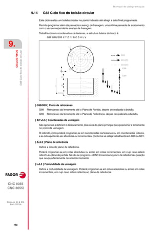Manual de programaçäo

                                                            9.14      G88 Ciclo fixo do bolsão circular

                                                                   Este ciclo realiza um bolsão circular no ponto indicado até atingir a cota final programada.

                                                                   Permite programar além da passada e avanço de fresagem, uma última passada de acabamento
                                                                   com o seu correspondente avanço de fresagem.

                                                                   Trabalhando em coordenadas cartesianas, a estrutura básica do bloco é:
                                                                          G88 G98/G99 X Y Z I J B C D H L V


 9.
         CICLOS FIXOS
                        G88 Ciclo fixo do bolsão circular




                                                              [ G98/G99 ] Plano de retrocesso
                                                                   G98    Retrocesso da ferramenta até o Plano de Partida, depois de realizado o bolsão.
                                                                   G99    Retrocesso da ferramenta até o Plano de Referência, depois de realizado o bolsão.

                                                              [ X/Y±5.5 ] Coordenadas de usinagem

                                                                   São opcionais e definem o deslocamento, dos eixos do plano principal para posicionar a ferramenta
                                                                   no ponto da usinagem.

                                                                   O referido ponto poderá programar-se em coordenadas cartesianas ou em coordenadas polares,
                                                                   e as cotas poderão ser absolutas ou incrementais, conforme se esteja trabalhando em G90 ou G91.

                                                              [ Z±5.5 ] Plano de referência

                                                                   Define a cota do plano de referência.

                                                                   Poderá programar-se em cotas absolutas ou então em cotas incrementais, em cujo caso estará
                                                                   referido ao plano de partida. Se não se programa, o CNC tomará como plano de referência a posição
                                                                   que ocupa a ferramenta no referido momento.

                                                              [ I±5.5 ] Profundidade da usinagem

                                                                   Define a profundidade de usinagem. Poderá programar-se em cotas absolutas ou então em cotas
                                                                   incrementais, em cujo caso estará referida ao plano de referência.



CNC 8055
CNC 8055i



MODELOS ·M· & ·EN·
  SOFT: V01.3X




      ·182·
 