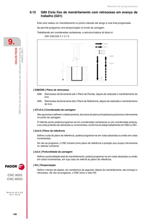 Manual de programaçäo

                                                                                       9.15      G89 Ciclo fixo de mandrilamento com retrocesso em avanço de
                                                                                                 trabalho (G01)

                                                                                              Este ciclo realiza um mandrilamento no ponto indicado até atingir a cota final programada.

                                                                                              Se permite programar uma temporização no fundo da usinagem.

                                                                                              Trabalhando em coordenadas cartesianas, a estrutura básica do bloco é:
                                                                                                     G89 G98/G99 X Y Z I K


 9.
                        G89 Ciclo fixo de mandrilamento com retrocesso em avanço de
                                                                      trabalho (G01)
         CICLOS FIXOS




                                                                                         [ G98/G99 ] Plano de retrocesso
                                                                                              G98    Retrocesso da ferramenta até o Plano de Partida, depois de realizada o mandrilamento do
                                                                                                     furo.
                                                                                              G99    Retrocesso da ferramenta até o Plano de Referência, depois de realizada o mandrilamento
                                                                                                     do furo.

                                                                                         [ X/Y±5.5 ] Coordenadas de usinagem

                                                                                              São opcionais e definem o deslocamento, dos eixos do plano principal para posicionar a ferramenta
                                                                                              no ponto da usinagem.

                                                                                              O referido ponto poderá programar-se em coordenadas cartesianas ou em coordenadas polares,
                                                                                              e as cotas poderão ser absolutas ou incrementais, conforme se esteja trabalhando em G90 ou G91.

                                                                                         [ Z±5.5 ] Plano de referência

                                                                                              Define a cota do plano de referência, poderá programar-se em cotas absolutas ou então em cotas
                                                                                              incrementais.

                                                                                              Se não se programa, o CNC tomará como plano de referência a posição que ocupa a ferramenta
                                                                                              no referido momento.

                                                                                         [ I±5.5 ] Profundidade da usinagem

                                                                                              Define a profundidade total do mandrilamento, poderá programar-se em cotas absolutas ou então
                                                                                              em cotas incrementais, em cujo caso se referirá ao plano de referência.

                                                                                         [ K5 ] Temporização

                                                                                              Define o tempo de espera, em centésimos de segundo, depois do mandrilamento, até começar o
                                                                                              retrocesso. Se não se programa, o CNC toma o valor K0.
CNC 8055
CNC 8055i



MODELOS ·M· & ·EN·
  SOFT: V01.3X




      ·188·
 