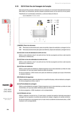 Manual de programaçäo

                                                                 9.16      G210 Ciclo fixo de fresagem de furação

                                                                        Este ciclo permite aumentar o diâmetro dum furo mediante um movimento helicoidal da ferramenta.
                                                                        Além disso, se a ferramenta permite, também é possível usinar um furo sem ter um furo prévio.

                                                                        Trabalhando em coordenadas cartesianas, a estrutura básica do bloco é:
                                                                               G210 G98/G99 X Y Z D I J K B




 9.
                                                                                                                                    G00          M03
                                                                                                                                    G01          M04

                                                                                                                                                G98
                        G210 Ciclo fixo de fresagem de furação
         CICLOS FIXOS




                                                                                                                             Z
                                                                                                                                                G99
                                                                                                                         D


                                                                                              I




                                                                                                               K
                                                                                                               J



                                                                   [ G98/G99 ] Plano de retrocesso
                                                                        G98    Retrocesso da ferramenta até o plano de partida, depois de realizada a usinagem do furo.
                                                                        G99    Retrocesso da ferramenta até o plano de referência, depois de realizada a usinagem do furo.

                                                                   [X±5.5] Cota no eixo de abcissas do centro do furo

                                                                        Define a cota conforme o eixo X, do centro do furo. Se não se programa se toma o valor atual da
                                                                        ferramenta no referido eixo.

                                                                   [Y±5.5] Cota no eixo de ordenadas do centro do furo

                                                                        Define a cota conforme o eixo Y, do centro do furo. Se não se programa se toma o valor atual da
                                                                        ferramenta no referido eixo.

                                                                   [Z±5.5] Plano de referência

                                                                        Define a cota do plano de referência. Poderá programar-se em cotas absolutas ou então em cotas
                                                                        incrementais, em cujo caso estará referido ao plano de partida.

                                                                        Se não se programa, o CNC tomará como plano de referência a posição que ocupa a ferramenta
                                                                        no referido momento.

                                                                   [D5] Distância de segurança

                                                                        Define a distância entre o plano de referência e a superfície da peça, onde se realizará a usinagem.
                                                                        Se não se programa se toma o valor 0.

                                                                   [I±5.5] Profundidade da usinagem

                                                                        Define a profundidade de usinagem. Poderá programar-se em cotas absolutas ou então em cotas
                                                                        incrementais, em cujo caso estará referida ao plano de referência.
CNC 8055                                                                Se não se programa, o CNC visualizará o erro correspondente.
CNC 8055i
                                                                   [J±5.5] Diâmetro do furo

                                                                        Define o diâmetro nominal do furo. O sinal indica o sentido da trajetória helicoidal associada à
                                                                        usinagem do furo (positivo no sentido dos ponteiros do relógio e negativo em sentido contrário).
MODELOS ·M· & ·EN·
  SOFT: V01.3X                                                          Se não se programa ou se programa com um valor menor ao diâmetro da ferramenta ativa, o CNC
                                                                        mostrará o erro correspondente.




      ·190·
 