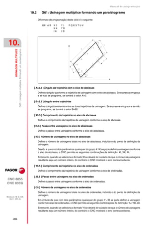 Manual de programaçäo

                                                                                    10.2      G61: Usinagem multíplice formando um paralelogramo

                                                                                           O formato de programação deste ciclo é o seguinte:

                                                                                               G61 A B   XI     YJ     PQRSTUV
                                                                                                         XK     YD
                                                                                                         IK     JD




 10.
         USINAGEM MULTÍPLICE
                               G61: Usinagem multíplice formando um paralelogramo




                                                                                      [ A±5.5 ] Ângulo da trajetória com o eixo de abcissas

                                                                                           Define o ângulo que forma a trajetória de usinagem com o eixo de abcissas. Se expressa em graus
                                                                                           e se não se programa, se tomará o valor A=0.

                                                                                      [ B±5.5 ] Ângulo entre trajetórias

                                                                                           Define o ângulo existente entre as duas trajetórias de usinagem. Se expressa em graus e se não
                                                                                           se programa, se tomará o valor B=90.

                                                                                      [ X5.5 ] Comprimento da trajetória no eixo de abcissas

                                                                                           Define o comprimento da trajetória de usinagem conforme o eixo de abcissas.

                                                                                      [ I5.5 ] Passo entre usinagens no eixo de abscissas

                                                                                           Define o passo entre usinagens conforme o eixo de abscissas.

                                                                                      [ K5 ] Número de usinagens no eixo de abscissas

                                                                                           Define o número de usinagens totais no eixo de abscissas, incluído o do ponto de definição da
                                                                                           usinagem.

                                                                                           Devido a que com dois parâmetros quaisquer do grupo X I K se pode definir a usinagem conforme
                                                                                           o eixo de abcissas, o CNC permite as seguintes combinações de definição: XI, XK, IK.

                                                                                           Entretanto, quando se seleciona o formato XI se deverá ter cuidado de que o número de usinagens
                                                                                           resultante seja um número inteiro, do contrário o CNC mostrará o erro correspondente.

                                                                                      [ Y5.5 ] Comprimento da trajetória no eixo de ordenadas

                                                                                           Define o comprimento da trajetória de usinagem conforme o eixo de ordenadas.

                                                                                      [ J5.5 ] Passo entre usinagens no eixo de ordenadas
CNC 8055
                                                                                           Define o passo entre usinagens conforme o eixo de ordenadas.
CNC 8055i
                                                                                      [ D5 ] Número de usinagens no eixo de ordenadas

                                                                                           Define o número de usinagens totais no eixo de ordenadas, incluído o do ponto de definição da
                                                                                           usinagem.
MODELOS ·M· & ·EN·
  SOFT: V01.3X
                                                                                           Em virtude de que com dois parâmetros quaisquer do grupo Y J D se pode definir a usinagem
                                                                                           conforme o eixo de ordenadas, o CNC permite as seguintes combinações de definição: YJ, YD, JD.

                                                                                           Entretanto, quando se seleciona o formato YI se deverá ter cuidado de que o número de usinagens
                                                                                           resultante seja um número inteiro, do contrário o CNC mostrará o erro correspondente.


      ·202·
 