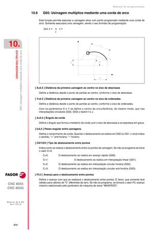 Manual de programaçäo

                                                                                     10.6      G65: Usinagem multíplice mediante uma corda de arco

                                                                                            Esta função permite executar a usinagem ativa num ponto programado mediante uma corda de
                                                                                            arco. Somente executará uma usinagem, sendo o seu formato de programação:

                                                                                                G65 X Y   A   CF
                                                                                                          I




 10.
         USINAGEM MULTÍPLICE
                               G65: Usinagem multíplice mediante uma corda de arco




                                                                                       [ X±5.5 ] Distância da primeira usinagem ao centro no eixo de abscissas

                                                                                            Define a distância desde o ponto de partida ao centro, conforme o eixo de abscissas.

                                                                                       [ Y±5.5 ] Distância da primeira usinagem ao centro no eixo de ordenadas

                                                                                            Define a distância desde o ponto de partida ao centro, conforme o eixo de ordenadas.

                                                                                            Com os parâmetros X e Y se define o centro da circunferência, do mesmo modo, que nas
                                                                                            interpolações circulares (G02, G03) o fazem I e J.

                                                                                       [ A±5.5 ] Ângulo da corda

                                                                                            Define o ângulo que forma a mediatriz da corda com o eixo de abscissas e se expressa em graus.

                                                                                       [ I±5.5 ] Passo angular entre usinagens.

                                                                                            Define o comprimento da corda. Quando o deslocamento se realiza em G00 ou G01, o sinal indica
                                                                                            o sentido, "+" anti-horário, "-" horário.

                                                                                       [ C0/1/2/3 ] Tipo de deslocamento entre pontos

                                                                                            Indica como se realiza o deslocamento entre os pontos de usinagem. Se não se programa se toma
                                                                                            o valor C=0.
                                                                                               C=0:           O deslocamento se realiza em avanço rápido (G00).
                                                                                               C=1:                         O deslocamento se realiza em interpolação linear (G01).
                                                                                               C=2:           O deslocamento se realiza em interpolação circular horária (G02).
                                                                                               C=3:           O deslocamento se realiza em interpolação circular anti-horária (G03).

                                                                                       [ F5.5 ] Avanço para o deslocamento entre pontos

                                                                                            Define o avanço com que se realizará o deslocamento entre pontos. É óbvio, que somente terá
                                                                                            validez para valores de "C" diferentes de zero. Se não se programa, se tomará o valor F0, avanço
CNC 8055                                                                                    máximo selecionado pelo parâmetro de máquina de eixos "MAXFEED".
CNC 8055i



MODELOS ·M· & ·EN·
  SOFT: V01.3X




      ·214·
 