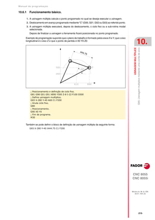 Manual de program a çä o

10.6.1     Funcionamento básico.

         1. A usinagem múltipla calcula o ponto programado no qual se deseja executar a usinagem.
         2. Deslocamento em avanço programado mediante "C" (G00, G01, G02 ou G03) ao referido ponto.
         3. A usinagem múltipla executará, depois do deslocamento, o ciclo fixo ou a sub-rotina modal
            selecionada.
           Depois de finalizar a usinagem a ferramenta ficará posicionada no ponto programado.

      Exemplo de programação supondo que o plano de trabalho é formado pelos eixos X e Y, que o eixo
      longitudinal é o eixo Z e que o ponto de partida é X0 Y0 Z0:
                                                                                                                                10.




                                                                                                          USINAGEM MULTÍPLICE
                                                                                                                                G65: Usinagem multíplice mediante uma corda de arco
                                                          444
                                                              ,7   5




            ; Posicionamento e definição de ciclo fixo.
            G81 G98 G01 G91 X890 Y500 Z-8 I-22 F100 S500
            ; Define usinagem multíplice.
            G65 X-280 Y-40 A60 C1 F200
            ; Anula ciclo fixo.
            G80
            ; Posicionamento.
            G90 X0 Y0
            ; Fim de programa.
            M30


      Também se pode definir o bloco de definição de usinagem múltipla da seguinte forma:
           G65 X-280 Y-40 I444.75 C1 F200




                                                                                                        CNC 8055
                                                                                                        CNC 8055i



                                                                                                        MODELOS ·M· & ·EN·
                                                                                                          SOFT: V01.3X




                                                                                                                                ·215·
 