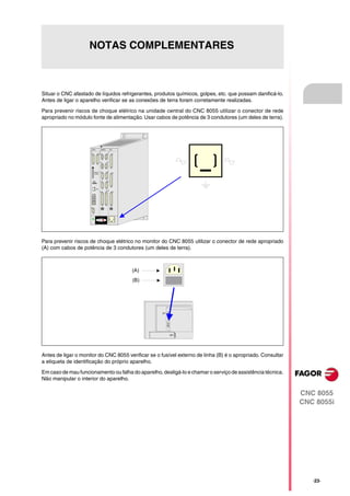 NOTAS COMPLEMENTARES



Situar o CNC afastado de líquidos refrigerantes, produtos químicos, golpes, etc. que possam danificá-lo.
Antes de ligar o aparelho verificar se as conexões de terra foram corretamente realizadas.

Para prevenir riscos de choque elétrico na unidade central do CNC 8055 utilizar o conector de rede
apropriado no módulo fonte de alimentação. Usar cabos de potência de 3 condutores (um deles de terra).




                     CPU                           AXES         I/O

                     X1                        X2 X1      X2      X1




                                                   X3     X4




                                       CMPCT X5           X6
                                                                      X2
                                       FLASH




                          USB                      X7     X8




                                             ETH
                                                          X10
                                                   X9             X3

                      COM1
                               IN



                           OUT



                          NODE

                               B CD
                             8 9A

                                    E
                                    F 01 2
                          67




                                3 45




                     X3




                                               FAGOR




Para prevenir riscos de choque elétrico no monitor do CNC 8055 utilizar o conector de rede apropriado
(A) com cabos de potência de 3 condutores (um deles de terra).



                                                                           (A)
                                                                           (B)




                                                                                 X1




                                                                                      W1




Antes de ligar o monitor do CNC 8055 verificar se o fusível externo de linha (B) é o apropriado. Consultar
a etiqueta de identificação do próprio aparelho.

Em caso de mau funcionamento ou falha do aparelho, desligá-lo e chamar o serviço de assistência técnica.
Não manipular o interior do aparelho.

                                                                                                             CNC 8055
                                                                                                             CNC 8055i




                                                                                                                ·23·
 