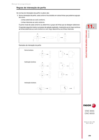 Manual de program a çä o

      Regras de interseção de perfis

      As normas de interseção dos perfis no plano são:
      1. Numa interseção de perfis, cada contorno fica dividido em várias linhas que podemos agrupá-
         las como:
           Linhas exteriores ao outro contorno.
           Linhas interiores ao outro contorno.
         O ponto inicial de cada contorno (x) determina o grupo de linhas que se desejam selecionar.
         O exemplo seguinte mostra o processo de seleção explicado, mostrando-se em traço contínuo
         as linhas exteriores ao outro contorno e com traço descontínuo as linhas interiores.
                                                                                                                                           11.




                                                                                                                                           Bolsões 3D
                                                                                                         CICLO FIXO DE BOLSÕES COM ILHAS
         Exemplos de interseção de perfis:


                 Soma booliana




                 Subtração booliana




                 Interseção booliana




                                                                                                       CNC 8055
                                                                                                       CNC 8055i



                                                                                                       MODELOS ·M· & ·EN·
                                                                                                         SOFT: V01.3X




                                                                                                                                           ·259·
 