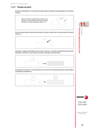 Manual de program a çä o

11.2.7   Posição de perfis

      Quando se sobrepõem 2 ou mais perfis se deve prestar atenção às considerações que se indicam
      a seguir.



                Para uma melhor compreensão se utiliza como
                referência a ilha mostrada ao margem, que está
                formada por 2 perfis superpostos, perfis 1 e 2.

                                                                                                                                                  11.




                                                                                                                                                  Bolsões 3D
                                                                                                                CICLO FIXO DE BOLSÕES COM ILHAS
      A cota correspondente à base do perfil superior (2) deve coincidir com a cota de superfície do perfil
      inferior (1).




      Se existe um espaço intermediário entre ambos os perfis, o ciclo fixo considerará que são 2 perfis
      diferentes e eliminará o perfil superior durante a execução do perfil inferior.




      Se os perfis se misturam, o ciclo fixo efetuará uma ranhura em volta do perfil superior quando efetua
      a passada de acabamento.




                                                                                                              CNC 8055
                                                                                                              CNC 8055i



                                                                                                              MODELOS ·M· & ·EN·
                                                                                                                SOFT: V01.3X




                                                                                                                                                  ·261·
 