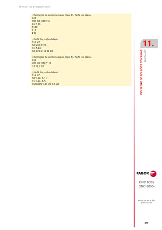 Manual de program a çä o


         ; Definição de contorno baixo (tipo A). Perfil no plano.
         G17
         G90 G0 X30 Y-6
         G1 Y-46
         X130
         Y -6
         X30

         ; Perfil de profundidade.
         G16 XZ
         G0 X30 Z-25
         G1 Z-20
                                                                                                        11.




                                                                                                        Bolsões 3D
                                                                      CICLO FIXO DE BOLSÕES COM ILHAS
         G2 X39 Z-11 I9 K0

         ; Definição de contorno baixo (tipo B). Perfil no plano.
         G17
         G90 G0 X80 Y-16
         G2 I0 J-10

         ; Perfil de profundidade.
         G16 YZ
         G0 Y-16 Z-11
         G1 Y-16 Z-5
         N500 G3 Y-21 Z0 J-5 K0




                                                                    CNC 8055
                                                                    CNC 8055i



                                                                    MODELOS ·M· & ·EN·
                                                                      SOFT: V01.3X




                                                                                                        ·275·
 