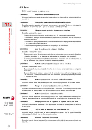 Manual de programaçäo

                                                        11.2.10 Erros

                                                             O CNC poderá visualizar os seguintes erros:

                                                          ERROR 1025              Programada ferramenta de raio nulo

                                                             Se produz quando alguma das ferramentas que se utilizam na elaboração do bolsão 3D se definiu
                                                             com raio 0.

                                                          ERROR 1026              Programado passo maior que diâmetro da ferramenta.

 11.                                                         Se produz quando a operação de Desbaste se programou o parâmetro "C" com um valor superior
                                                             ao diâmetro da ferramenta com a qual se vai realizar a referida operação.
                                           Bolsões 3D
         CICLO FIXO DE BOLSÕES COM ILHAS




                                                          ERROR 1041              Não programado parâmetro obrigatório em ciclo fixo.

                                                             Se produz nos seguintes casos:
                                                              • Quando não foram programados os parâmetros "I" e "R" na operação de desbaste.
                                                              • Quando não há operação de desbaste e não se programam os parâmetros "I" e "R" na operação
                                                                de semi-acabamento.
                                                              • Quando não há operações de desbaste e semi-acabamento e não se programam os parâmetros
                                                                "I" e "R" na operação de acabamento.
                                                              • Quando não se programa o parâmetro "B" na operação de acabamento.

                                                          ERROR 1042              Valor de parâmetro não válido em ciclo fixo.

                                                             Se produz nos seguintes casos:
                                                              • Quando o parâmetro "Q" da operação de acabamento se programou com um valor não válido.
                                                              • Quando o parâmetro "Q" da operação de acabamento se programou com um valor 0.
                                                              • Quando o parâmetro "J" da operação de acabamento se programou com um valor superior ao
                                                                raio da ferramenta com a qual se vai realizar a referida operação.

                                                          ERROR 1043              Perfil de profundidade não válido em bolsão com ilhas

                                                             Se produz nos seguintes casos:
                                                              • Quando os perfis de profundidade de 2 trechos de um mesmo contorno (simples ou composto)
                                                                se cruzam.
                                                              • Quando não se pode realizar o acabamento de um contorno com a ferramenta programada.
                                                                Um caso típico é um molde de esfera com uma ferramenta que não seja esférica (parâmetro
                                                                "J" diferente ao raio).

                                                          ERROR 1044              Perfil no plano se corta a si mesmo em bolsão com ilhas

                                                             Se produz quando algum dos perfis no plano dos contornos programados se corta a si mesmo.

                                                          ERROR 1046              Posição de ferramenta não válida antes de ciclo fixo.

                                                             Se produz se no momento da chamada ao ciclo G66, a ferramenta se encontra posicionada entre
                                                             a cota do plano de referência e a cota de profundidade final de alguma das operações.

                                                          ERROR 1047              Perfil no plano aberto em bolsão com ilhas

                                                             Se produz quando algum dos contornos programados não começa e termina no mesmo ponto.
                                                             Pode ser devido a que não se programou G1 depois do começo, com G0, de algum dos perfis.

                                                          ERROR 1048              Não programada cota de superfície da peça em bolsão com ilhas
CNC 8055
                                                             Se produz quando não se programou a cota de superfície do bolsão no primeiro ponto da definição
CNC 8055i                                                    da geometria.

                                                          ERROR 1049              Cota do plano de referência não válida em ciclo fixo

                                                             Se produz quando a cota do plano de referência se encontra entre a cota da superfície da peça
MODELOS ·M· & ·EN·
  SOFT: V01.3X                                               e a cota da profundidade final de alguma das operações

                                                          ERROR 1084              Trajetória circular mal programada.

                                                             Se produz quando alguma das trajetórias programadas na definição da geometria do bolsão não
                                                             é correta.

      ·276·
 
