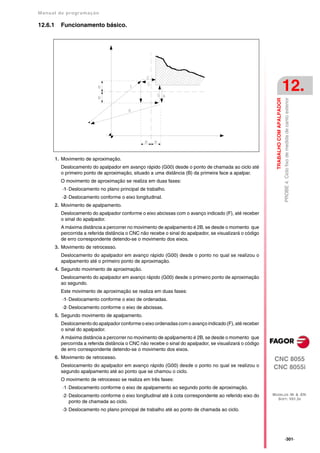 Manual de program a çä o

12.6.1     Funcionamento básico.




                                                                                                                                       12.




                                                                                                              TRABALHO COM APALPADOR
                                                                                                                                       PROBE 4. Ciclo fixo de medida de canto exterior
         1. Movimento de aproximação.
           Deslocamento do apalpador em avanço rápido (G00) desde o ponto de chamada ao ciclo até
           o primeiro ponto de aproximação, situado a uma distância (B) da primeira face a apalpar.
           O movimento de aproximação se realiza em duas fases:
            ·1· Deslocamento no plano principal de trabalho.
            ·2· Deslocamento conforme o eixo longitudinal.
         2. Movimento de apalpamento.
           Deslocamento do apalpador conforme o eixo abcissas com o avanço indicado (F), até receber
           o sinal do apalpador.
           A máxima distância a percorrer no movimento de apalpamento é 2B, se desde o momento que
           percorrida a referida distância o CNC não recebe o sinal do apalpador, se visualizará o código
           de erro correspondente detendo-se o movimento dos eixos.
         3. Movimento de retrocesso.
           Deslocamento do apalpador em avanço rápido (G00) desde o ponto no qual se realizou o
           apalpamento até o primeiro ponto de aproximação.
         4. Segundo movimento de aproximação.
           Deslocamento do apalpador em avanço rápido (G00) desde o primeiro ponto de aproximação
           ao segundo.
           Este movimento de aproximação se realiza em duas fases:
            ·1· Deslocamento conforme o eixo de ordenadas.
            ·2· Deslocamento conforme o eixo de abcissas.
         5. Segundo movimento de apalpamento.
           Deslocamento do apalpador conforme o eixo ordenadas com o avanço indicado (F), até receber
           o sinal do apalpador.
           A máxima distância a percorrer no movimento de apalpamento é 2B, se desde o momento que
           percorrida a referida distância o CNC não recebe o sinal do apalpador, se visualizará o código
           de erro correspondente detendo-se o movimento dos eixos.
         6. Movimento de retrocesso.                                                                        CNC 8055
           Deslocamento do apalpador em avanço rápido (G00) desde o ponto no qual se realizou o             CNC 8055i
           segundo apalpamento até ao ponto que se chamou o ciclo.
           O movimento de retrocesso se realiza em três fases:
            ·1· Deslocamento conforme o eixo de apalpamento ao segundo ponto de aproximação.
            ·2· Deslocamento conforme o eixo longitudinal até à cota correspondente ao referido eixo do     MODELOS ·M· & ·EN·
                                                                                                              SOFT: V01.3X
                ponto de chamada ao ciclo.
            ·3· Deslocamento no plano principal de trabalho até ao ponto de chamada ao ciclo.




                                                                                                                                       ·301·
 
