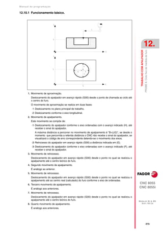 Manual de program a çä o

12.10.1 Funcionamento básico.




                                                                                                                               12.




                                                                                                      TRABALHO COM APALPADOR
                                                                                                                               PROBE 8. Ciclo fixo de medida de furo
      1. Movimento de aproximação.
         Deslocamento do apalpador em avanço rápido (G00) desde o ponto de chamada ao ciclo até
         o centro do furo.
         O movimento de aproximação se realiza em duas fases:
         ·1· Deslocamento no plano principal de trabalho.
         ·2· Deslocamento conforme o eixo longitudinal.
      2. Movimento de apalpamento.
         Este movimento se compõe de:
         ·1· Deslocamento do apalpador conforme o eixo ordenadas com o avanço indicado (H), até
             receber o sinal do apalpador.
            A máxima distância a percorrer no movimento de apalpamento é "B+(J/2)", se desde o
            momento que percorrida a referida distância o CNC não recebe o sinal do apalpador, se
            visualizará o código de erro correspondente detendo-se o movimento dos eixos.
         ·2· Retrocesso do apalpador em avanço rápido (G00) a distância indicada em (E).
         ·3· Deslocamento do apalpador conforme o eixo ordenadas com o avanço indicado (F), até
             receber o sinal do apalpador.
      3. Movimento de retrocesso.
         Deslocamento do apalpador em avanço rápido (G00) desde o ponto no qual se realizou o
         apalpamento até o centro teórico do furo.
      4. Segundo movimento de apalpamento.
         É análogo ao anterior.
      5. Movimento de retrocesso.
         Deslocamento do apalpador em avanço rápido (G00) desde o ponto no qual se realizou o
         apalpamento até ao centro real (calculado) do furo conforme o eixo de ordenadas.
      6. Terceiro movimento de apalpamento.                                                         CNC 8055
         É análogo aos anteriores.                                                                  CNC 8055i
      7. Movimento de retrocesso.
         Deslocamento do apalpador em avanço rápido (G00) desde o ponto no qual se realizou o
         apalpamento até o centro teórico do furo.                                                  MODELOS ·M· & ·EN·
      8. Quarto movimento de apalpamento.                                                             SOFT: V01.3X

         É análogo aos anteriores.




                                                                                                                               ·315·
 