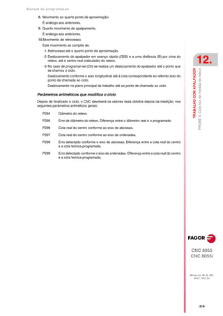Manual de program a çä o

      8. Movimento ao quarto ponto de aproximação.
         É análogo aos anteriores.
      9. Quarto movimento de apalpamento.
         É análogo aos anteriores.
      10.Movimento de retrocesso.
         Este movimento se compõe de:
          ·1· Retrocesso até o quarto ponto de aproximação.
          ·2· Deslocamento do apalpador em avanço rápido (G00) e a uma distância (B) por cima do
              relevo, até o centro real (calculado) do relevo.
          ·3· No caso de programar-se (C0) se realiza um deslocamento do apalpador até o ponto que
                                                                                                                                   12.




                                                                                                                                   PROBE 9. Ciclo fixo de medida de relevo
                                                                                                          TRABALHO COM APALPADOR
              se chamou o ciclo.
            Deslocamento conforme o eixo longitudinal até à cota correspondente ao referido eixo do
            ponto de chamada ao ciclo.
            Deslocamento no plano principal de trabalho até ao ponto de chamada ao ciclo.

      Parâmetros aritméticos que modifica o ciclo
      Depois de finalizado o ciclo, o CNC devolverá os valores reais obtidos depois da medição, nos
      seguintes parâmetros aritméticos gerais:

         P294      Diâmetro do relevo.

         P295      Erro de diâmetro do relevo. Diferença entre o diâmetro real e o programado.

         P296      Cota real do centro conforme ao eixo de abcissas.

         P297      Cota real do centro conforme ao eixo de ordenadas.

         P299      Erro detectado conforme o eixo de abcissas. Diferença entre a cota real do centro
                   e a cota teórica programada.

         P299      Erro detectado conforme o eixo de ordenadas. Diferença entre a cota real do centro
                   e a cota teórica programada.




                                                                                                        CNC 8055
                                                                                                        CNC 8055i



                                                                                                        MODELOS ·M· & ·EN·
                                                                                                          SOFT: V01.3X




                                                                                                                                   ·319·
 
